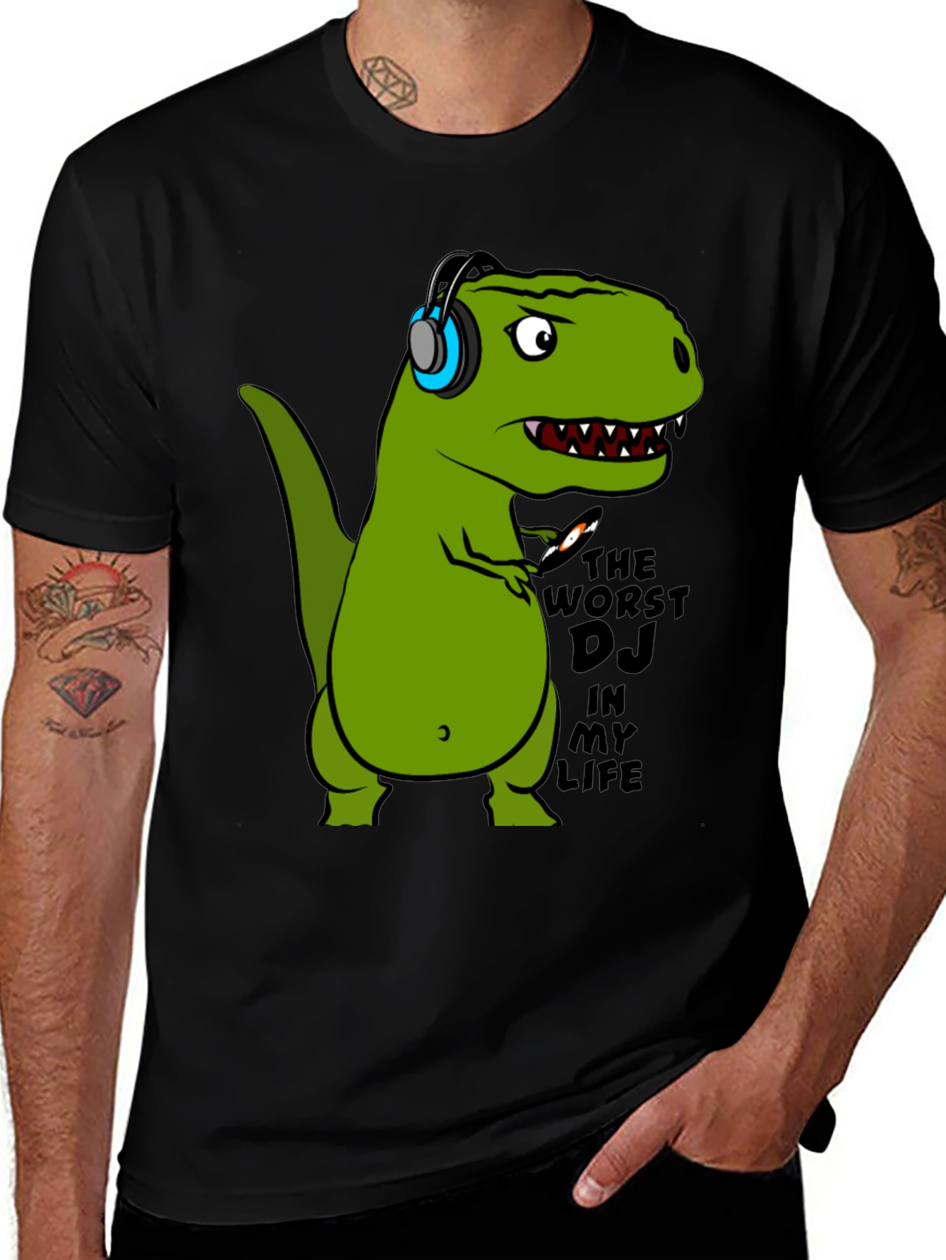 Dino DJ T-Shirt - Black Cotton Graphic Tee