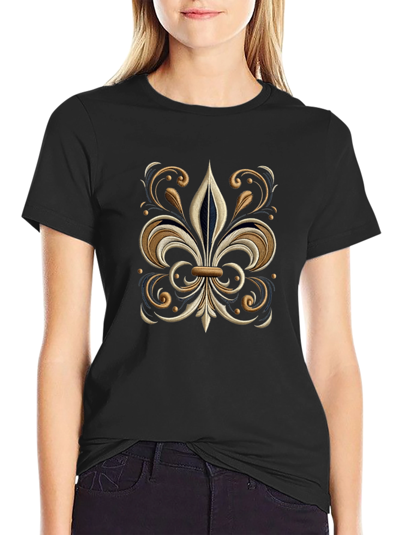 Embroidered Fleur-de-Lis Black T-Shirt