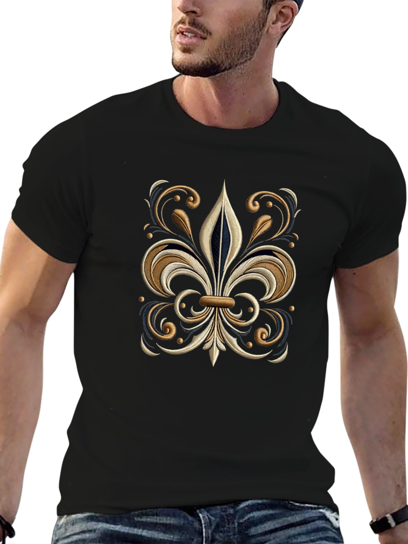 Embroidered Fleur-de-Lis Black T-Shirt