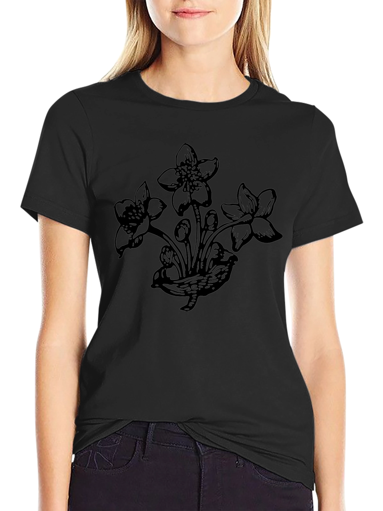 Botanical Flower Graphic Black T-Shirt