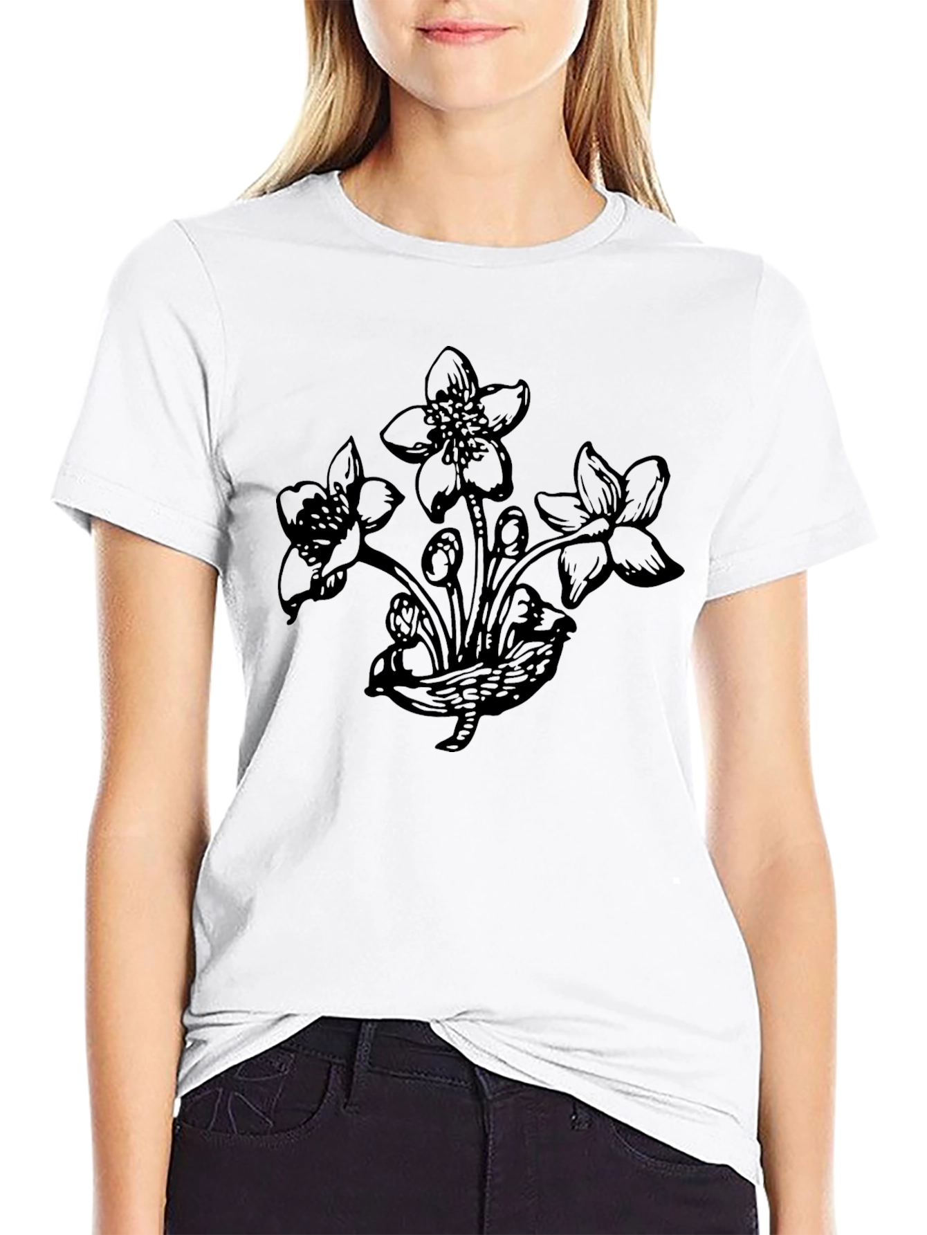 Botanical Flower Graphic Black T-Shirt
