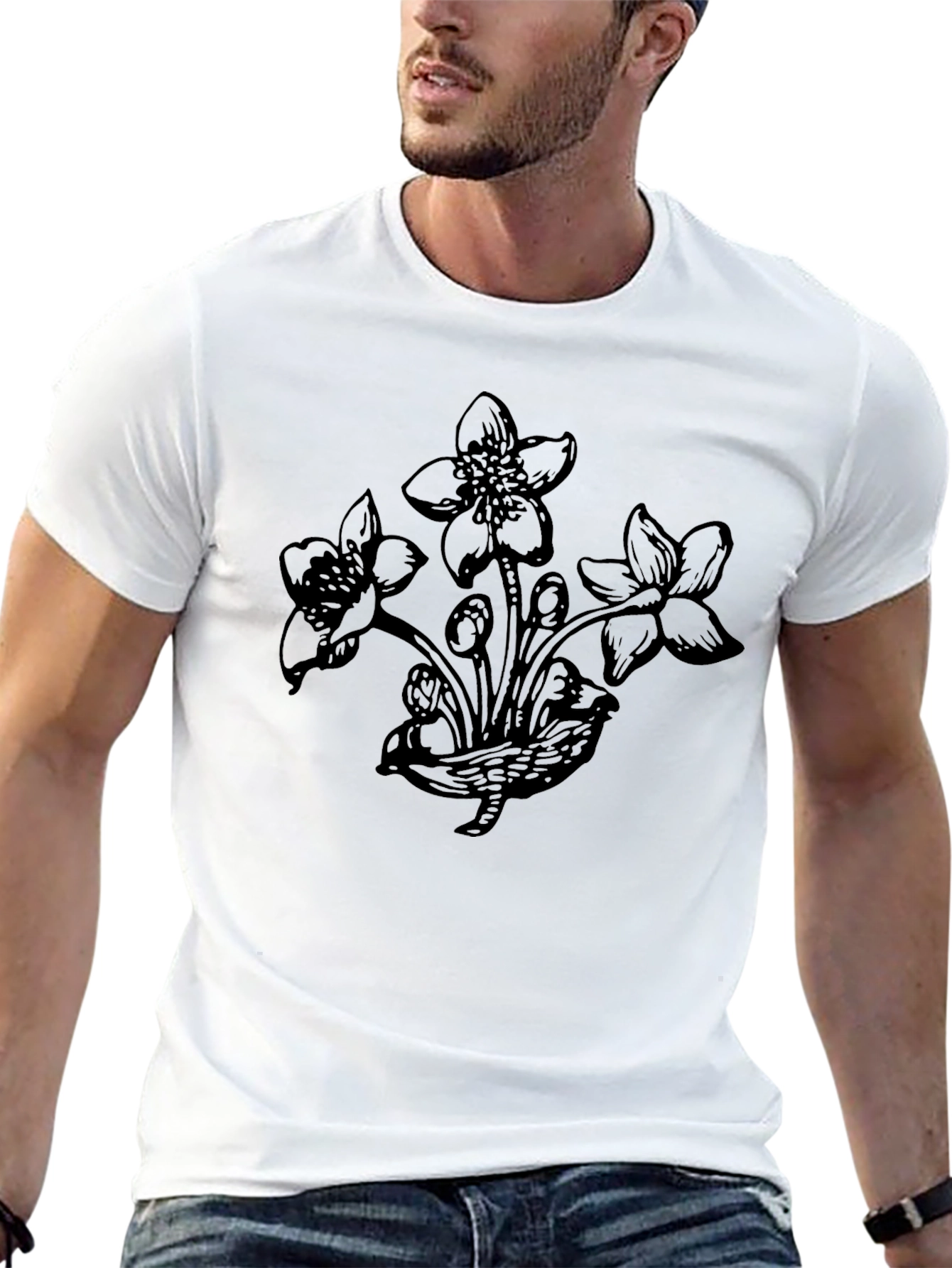 Botanical Flower Graphic Black T-Shirt