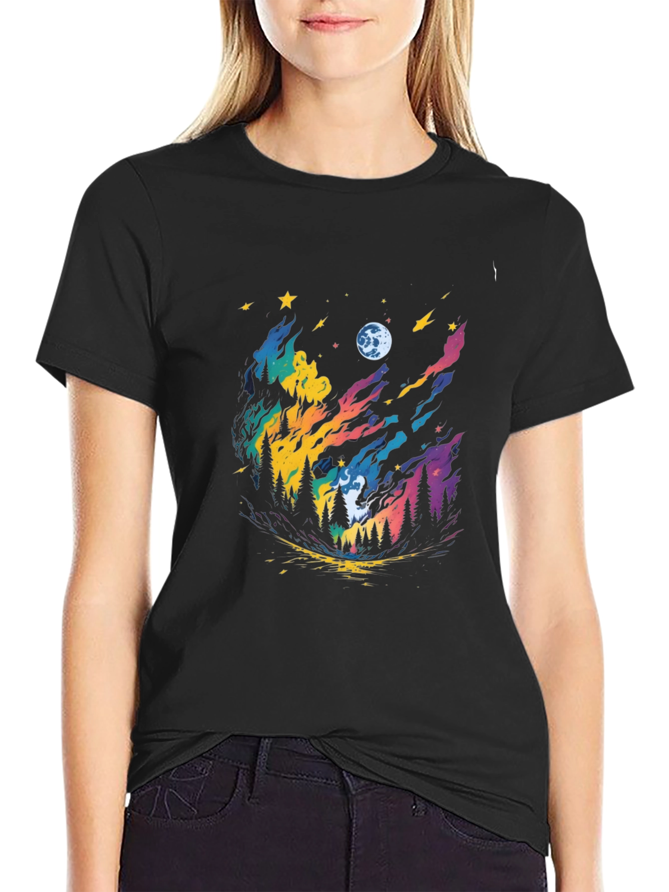 Colorful Night Sky Forest Graphic Tee