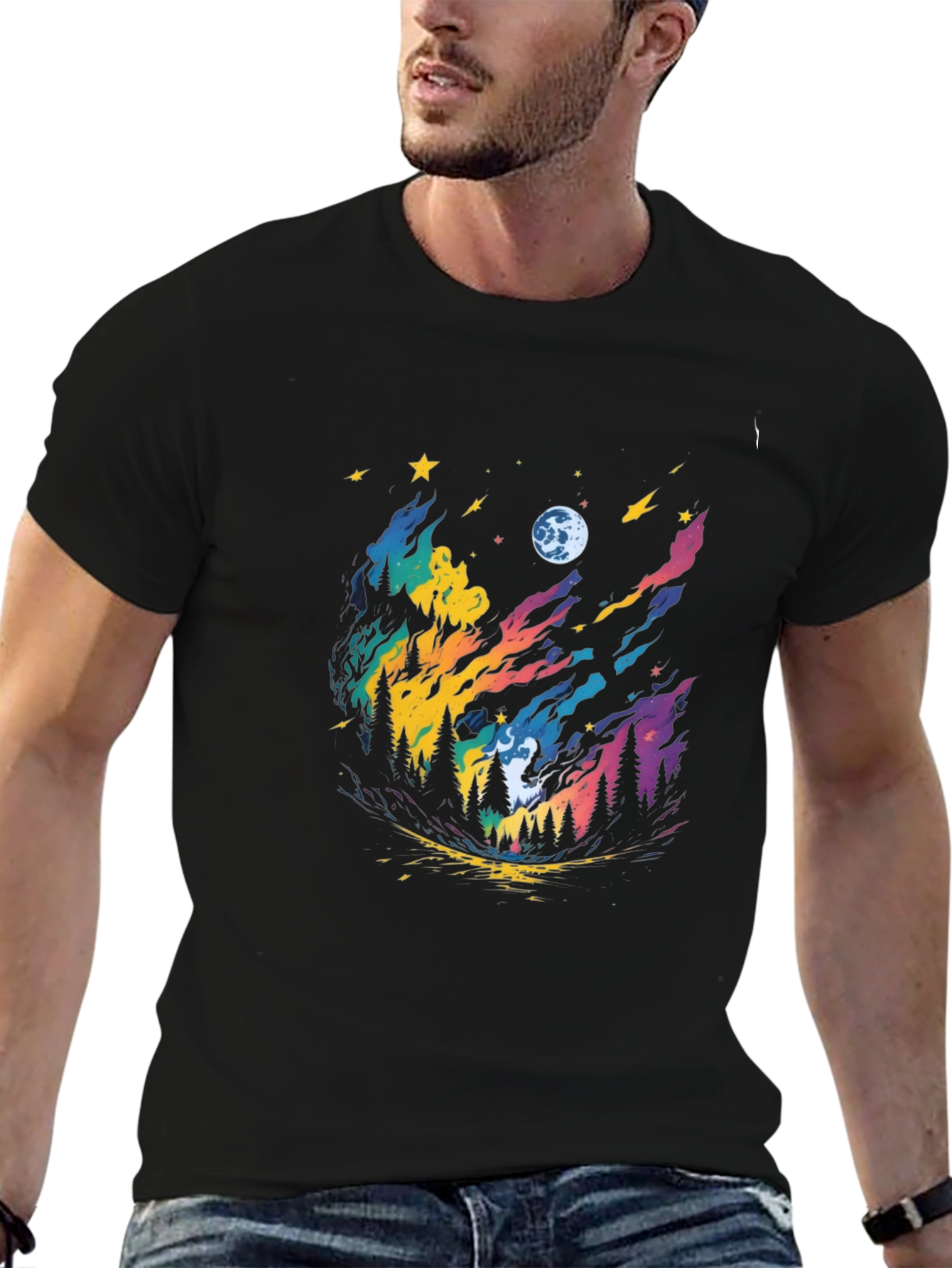 Colorful Night Sky Forest Graphic Tee