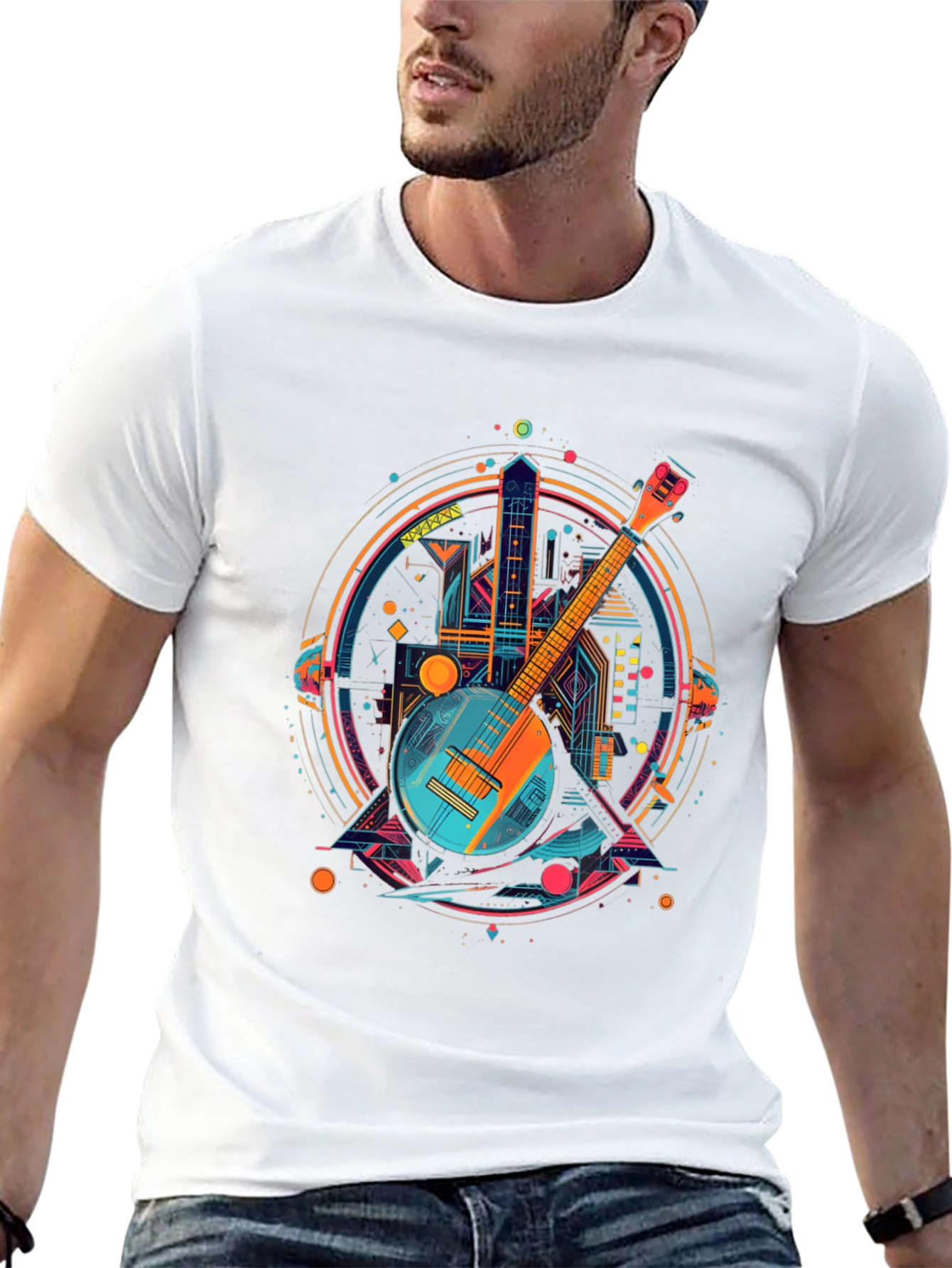 Banjo Cityscape Graphic Tee - Retro Music Shirt