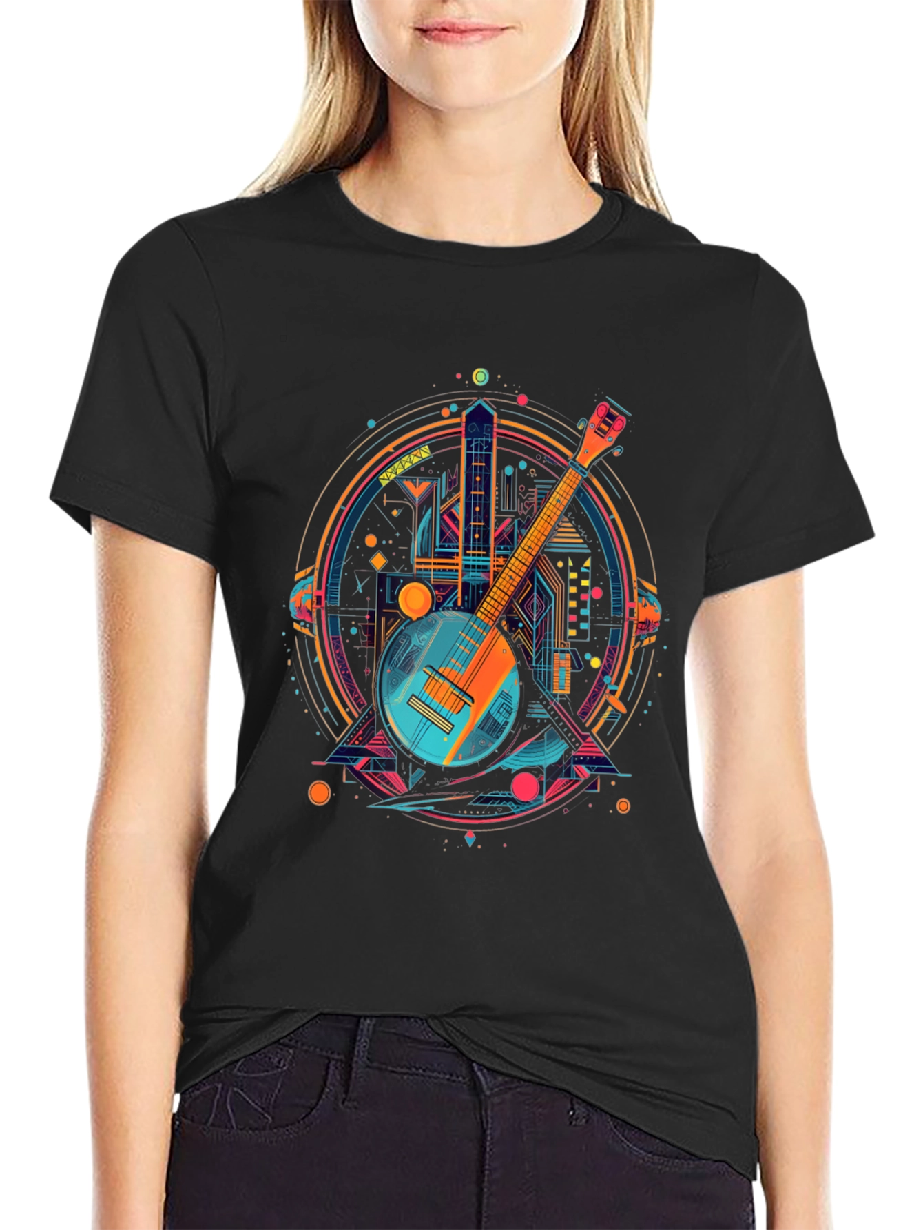 Banjo Cityscape Graphic Tee - Retro Music Shirt