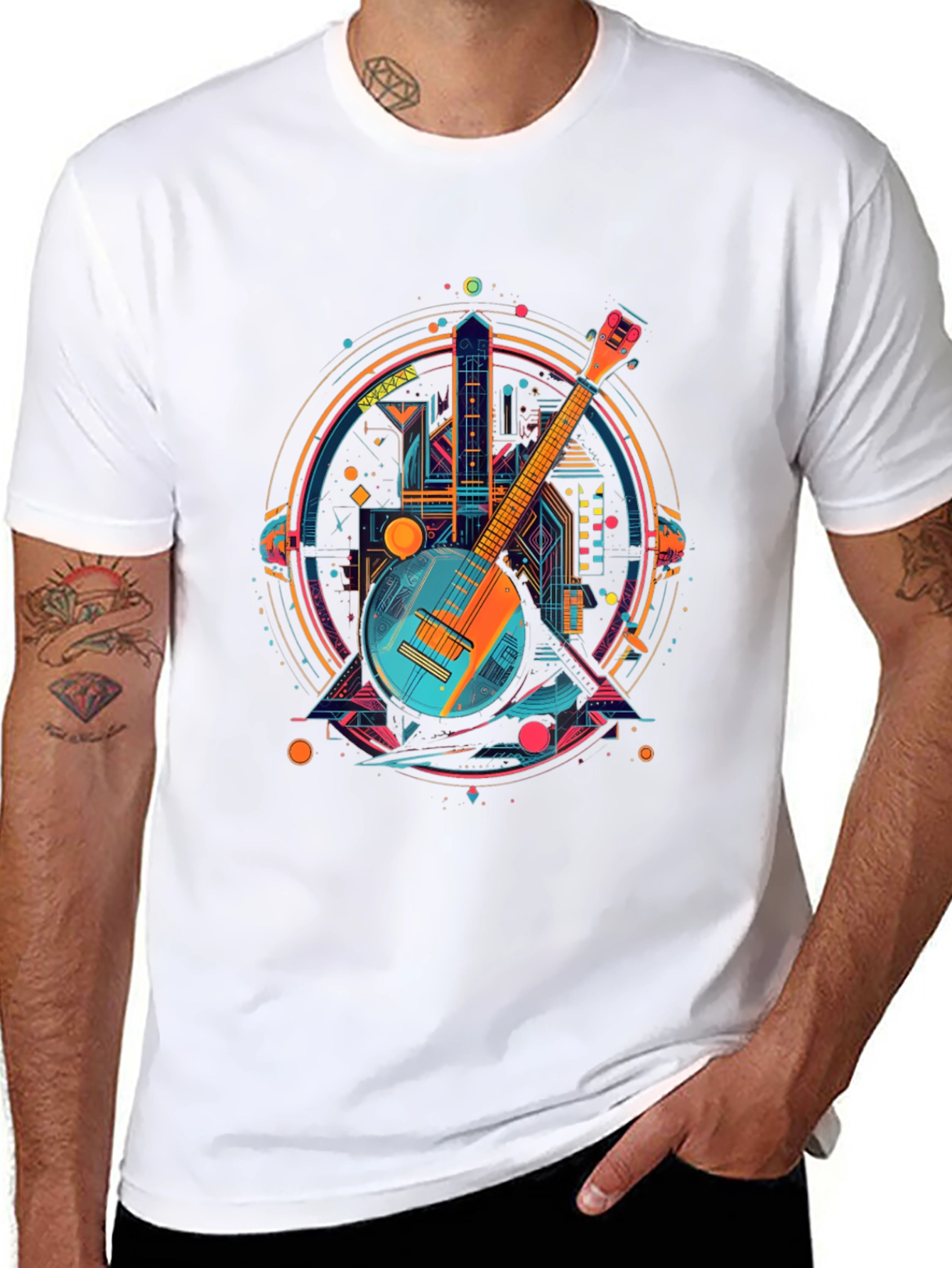 Banjo Cityscape Graphic Tee - Retro Music Shirt