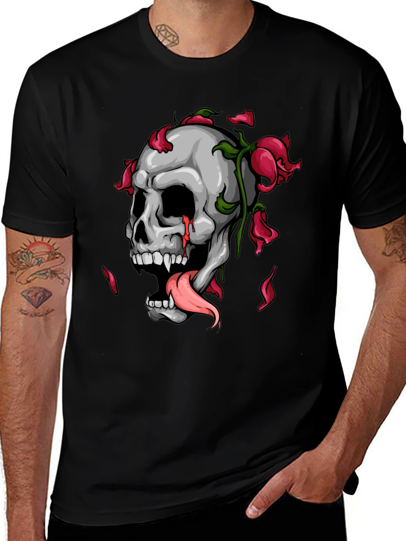 Skull & Roses Graphic Print Black T-Shirt