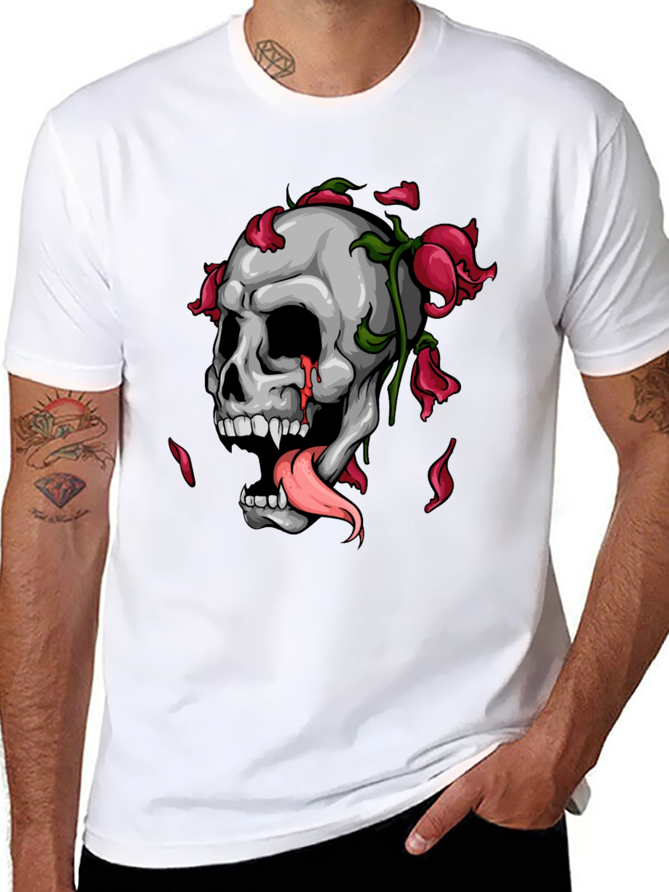 Skull & Roses Graphic Print Black T-Shirt