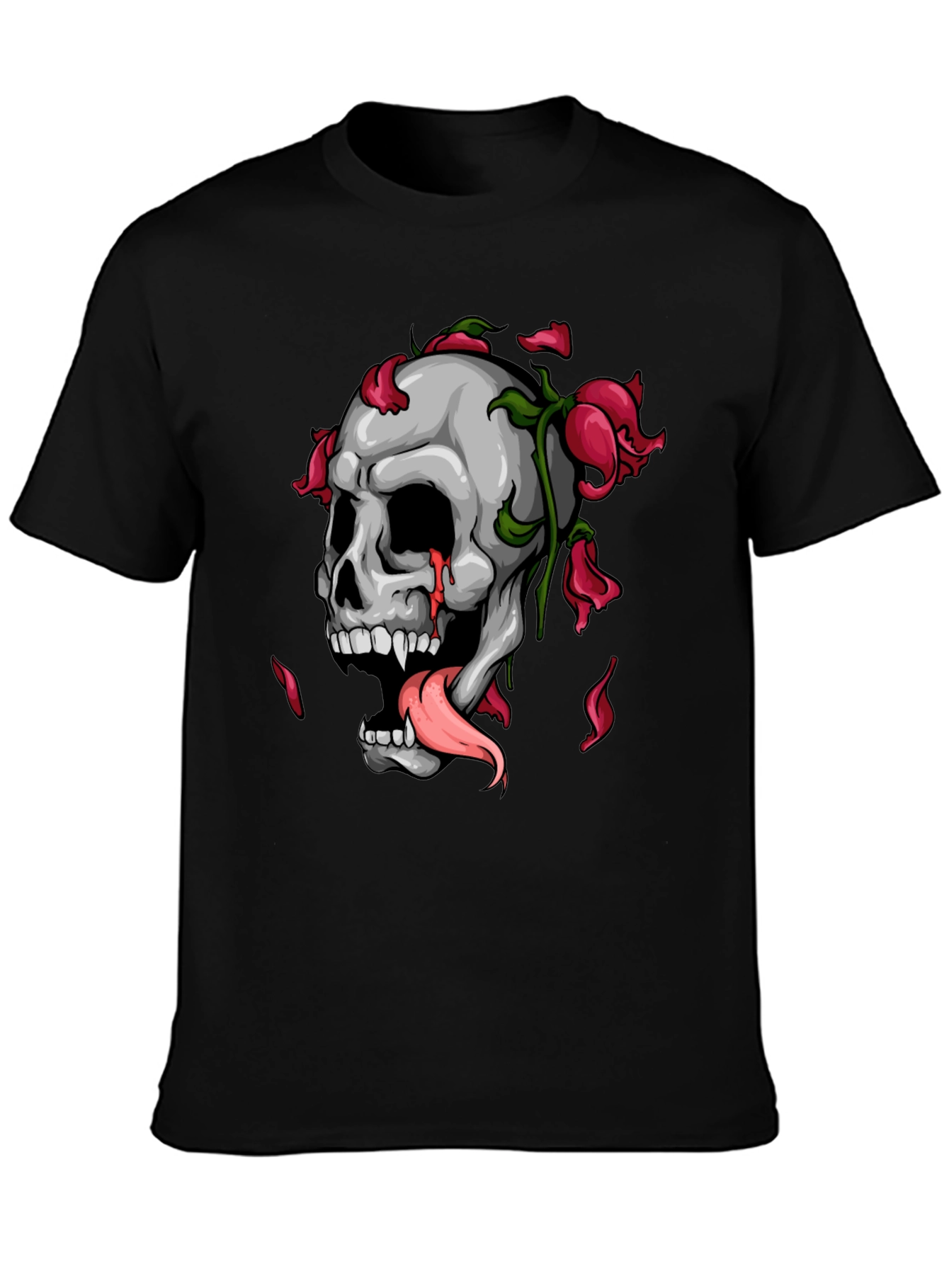 Skull & Roses Graphic Print Black T-Shirt