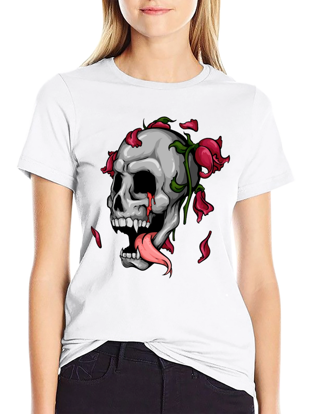 Skull & Roses Graphic Print Black T-Shirt
