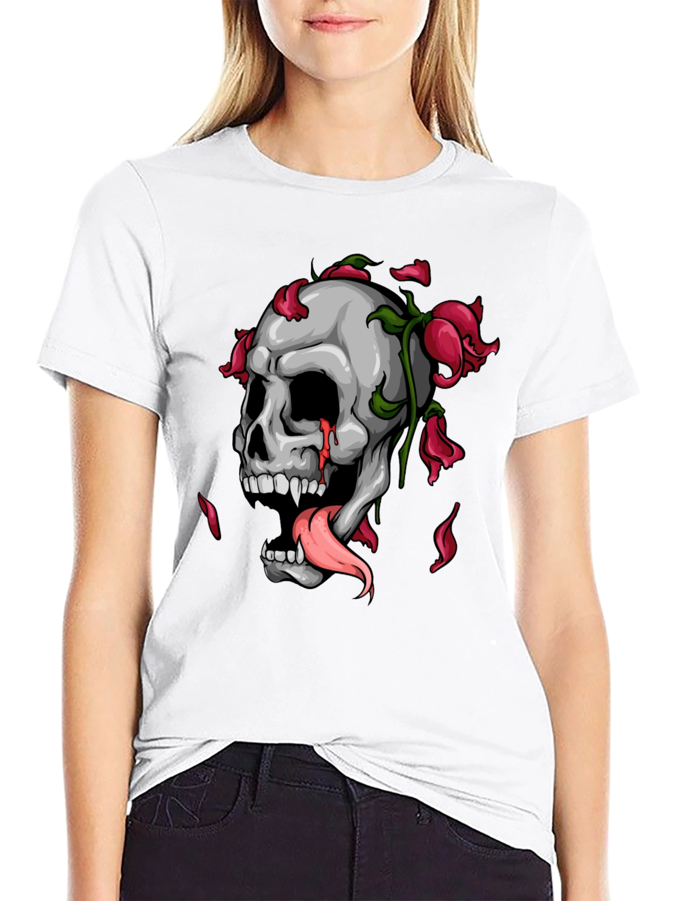 Skull & Roses Graphic Print Black T-Shirt