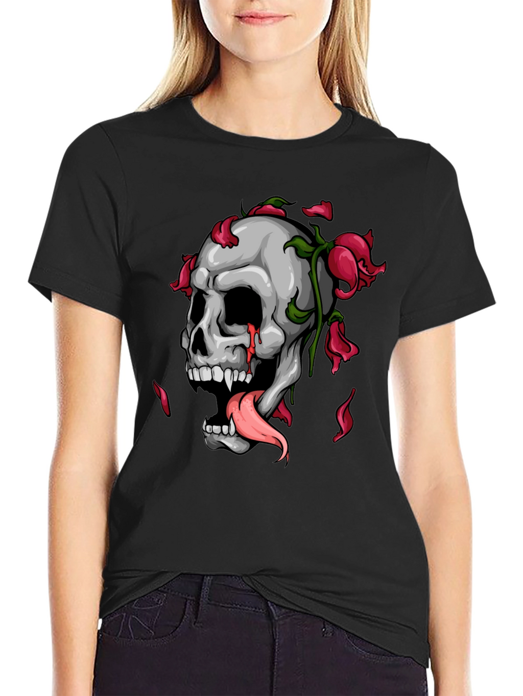 Skull & Roses Graphic Print Black T-Shirt