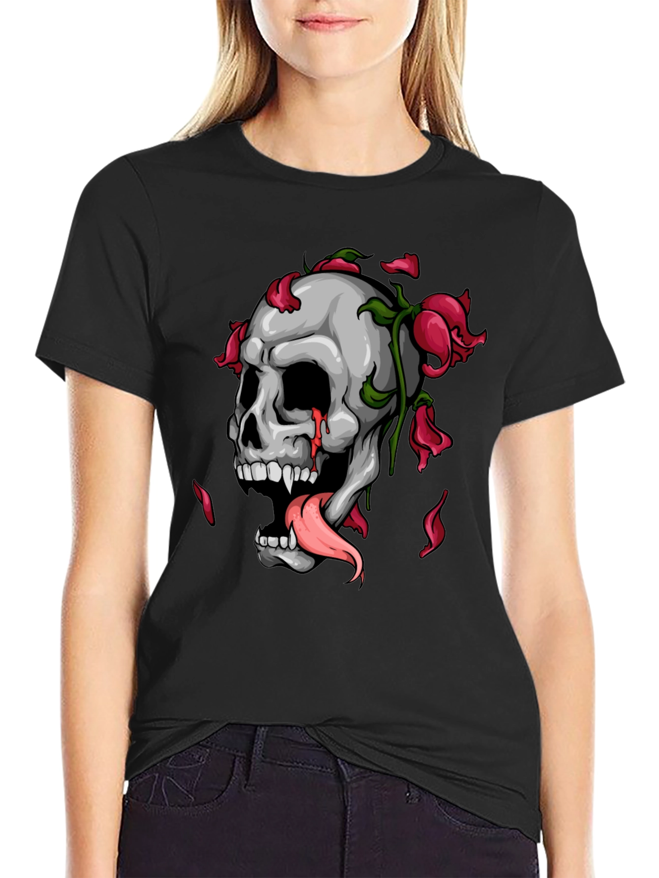 Skull & Roses Graphic Print Black T-Shirt