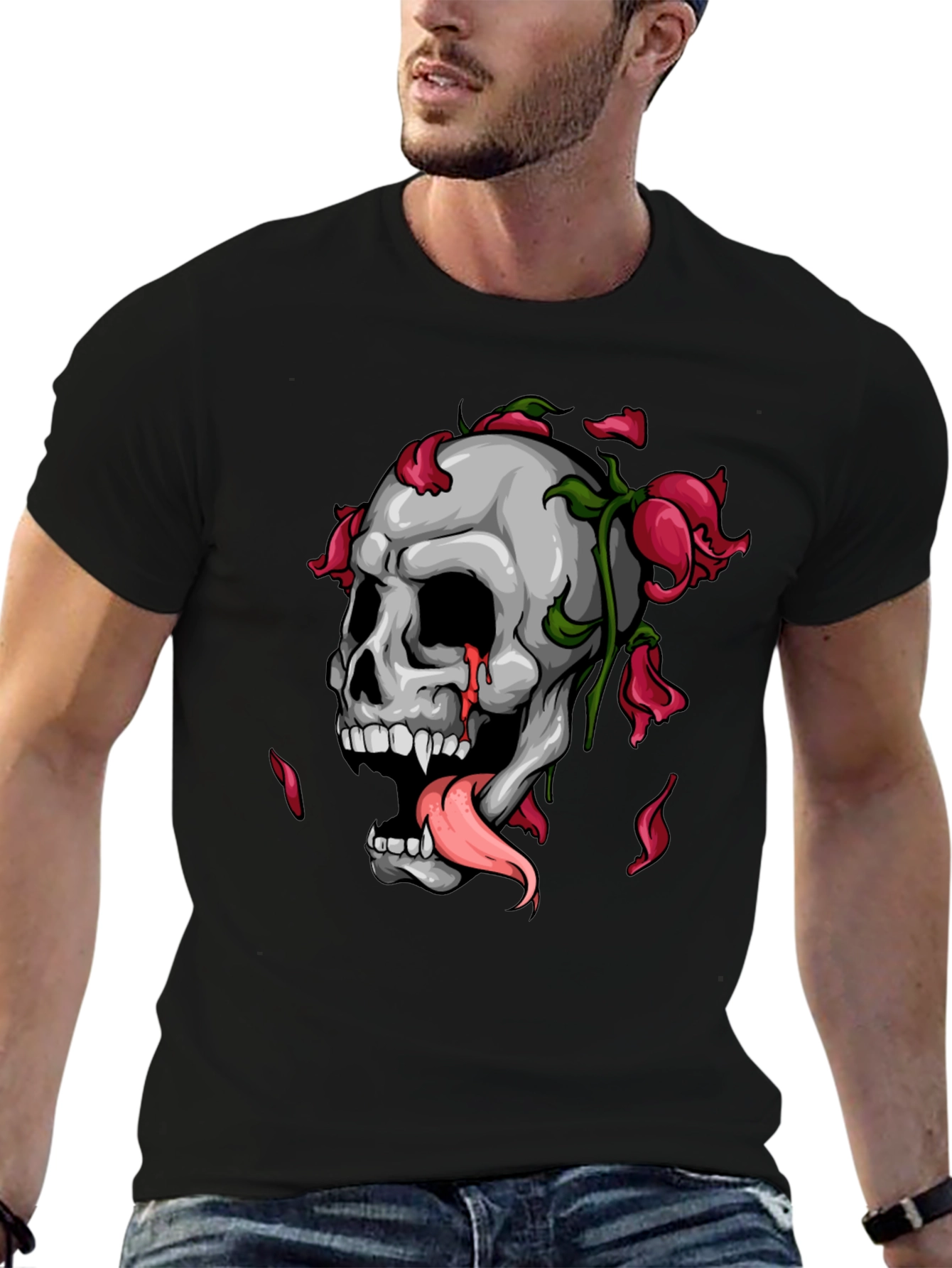 Skull & Roses Graphic Print Black T-Shirt