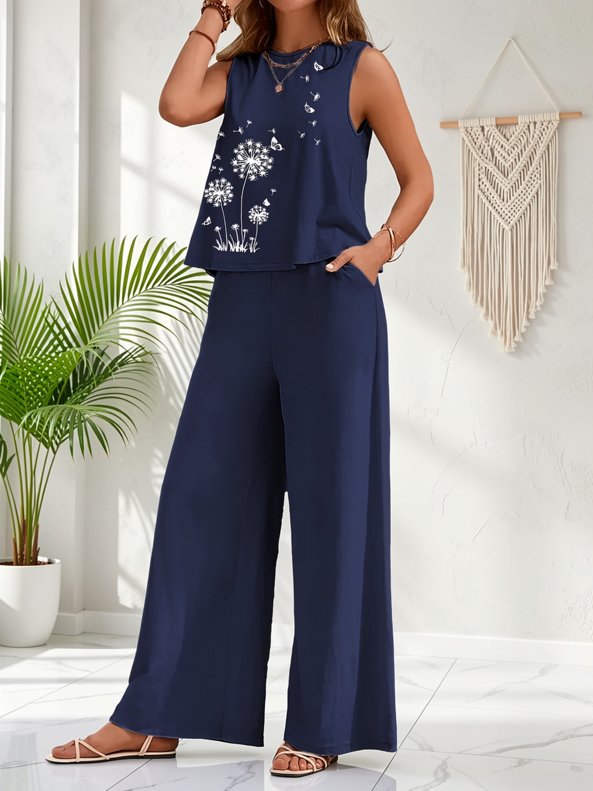 Dandelion And Butterfly Printed Casual Relaxation Style Fresh Literary Style Fake Style Round Neck Sleeveless Top +Pants Side Pockets Easy Commuting Style Fashion Set, Suitable for All Seasons, Good Gift, Wholesale