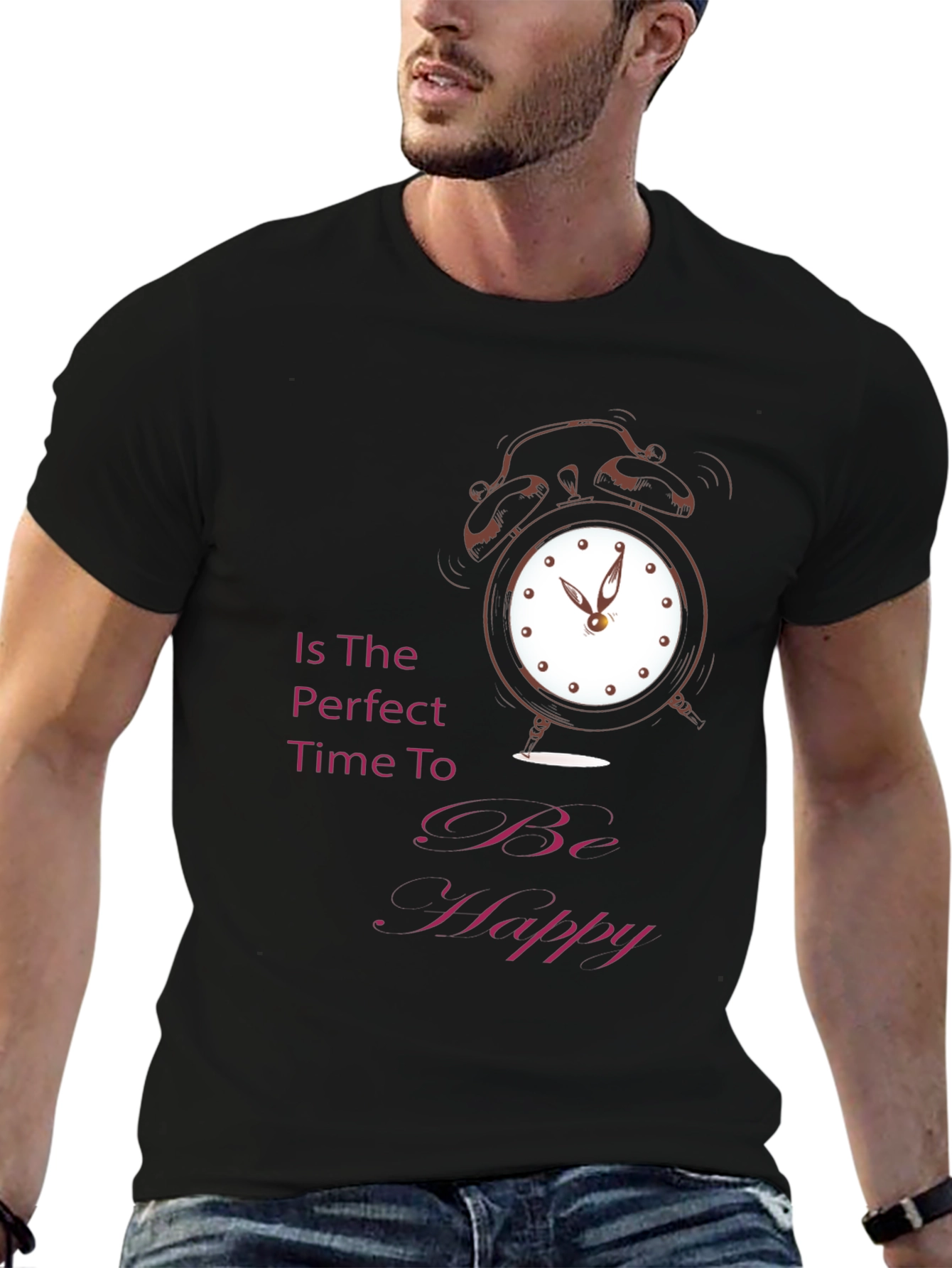 Time to Be Happy Graphic Tee - Black Cotton T-Shirt