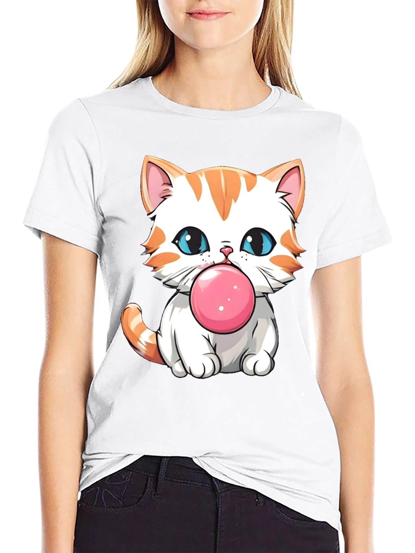 Cute Cat Bubble Gum Graphic T-Shirt