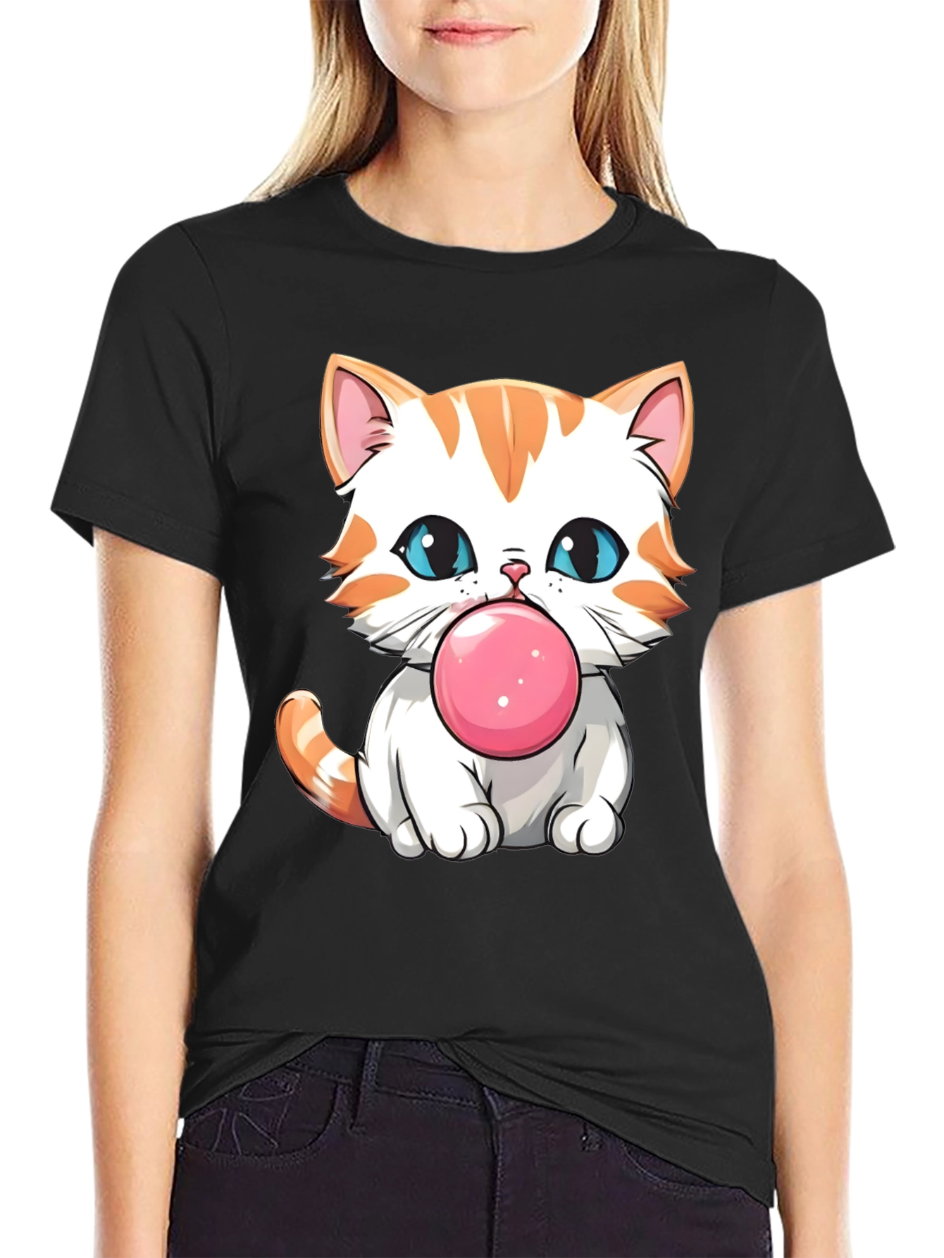 Cute Cat Bubble Gum Graphic T-Shirt