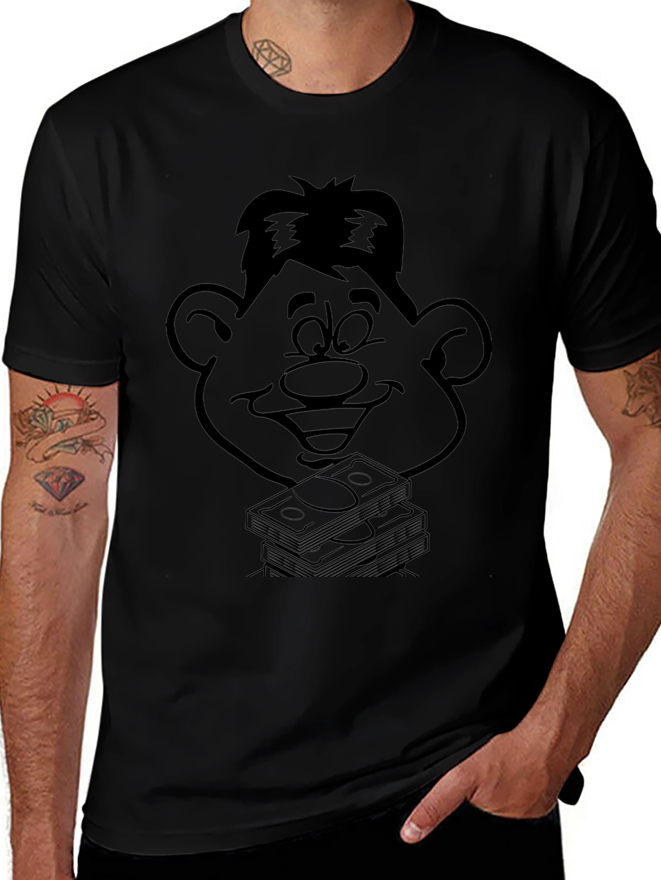Cartoon Face & Money Stack Black T-Shirt