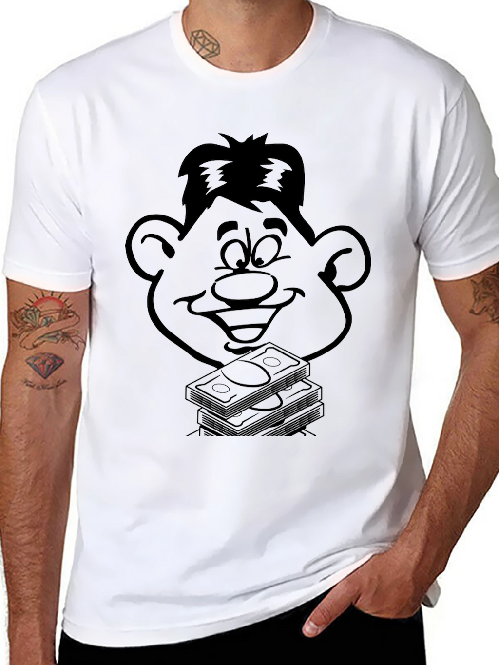 Cartoon Face & Money Stack Black T-Shirt