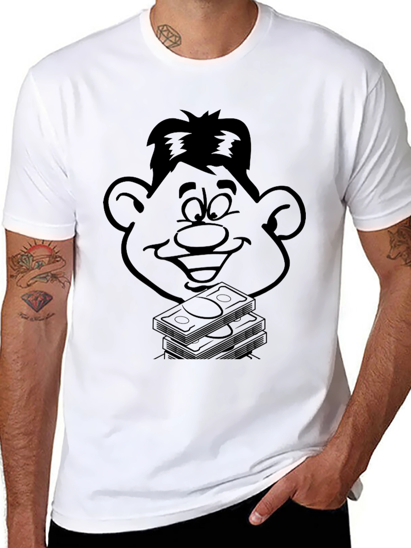 Cartoon Face & Money Stack Black T-Shirt