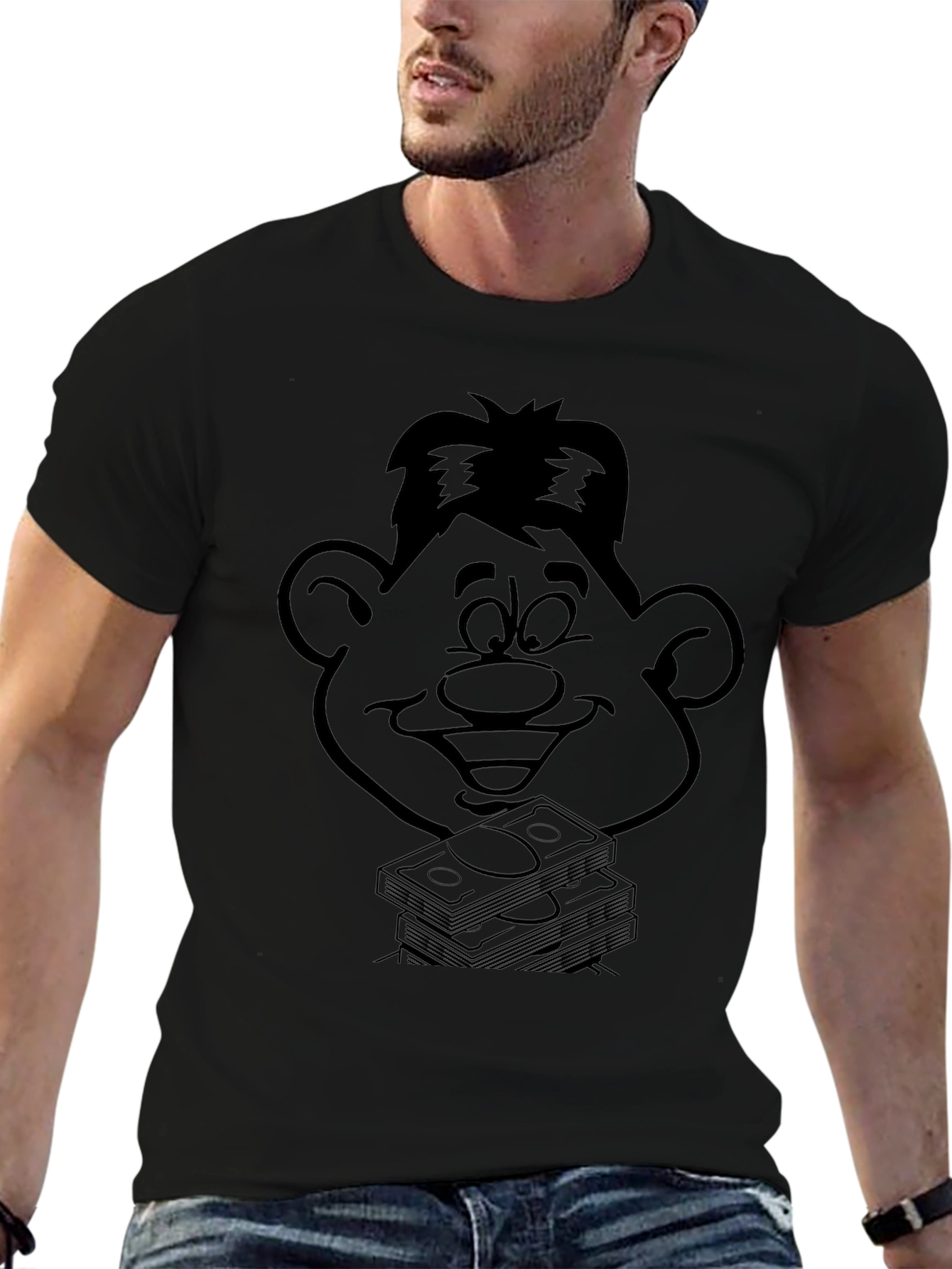 Cartoon Face & Money Stack Black T-Shirt