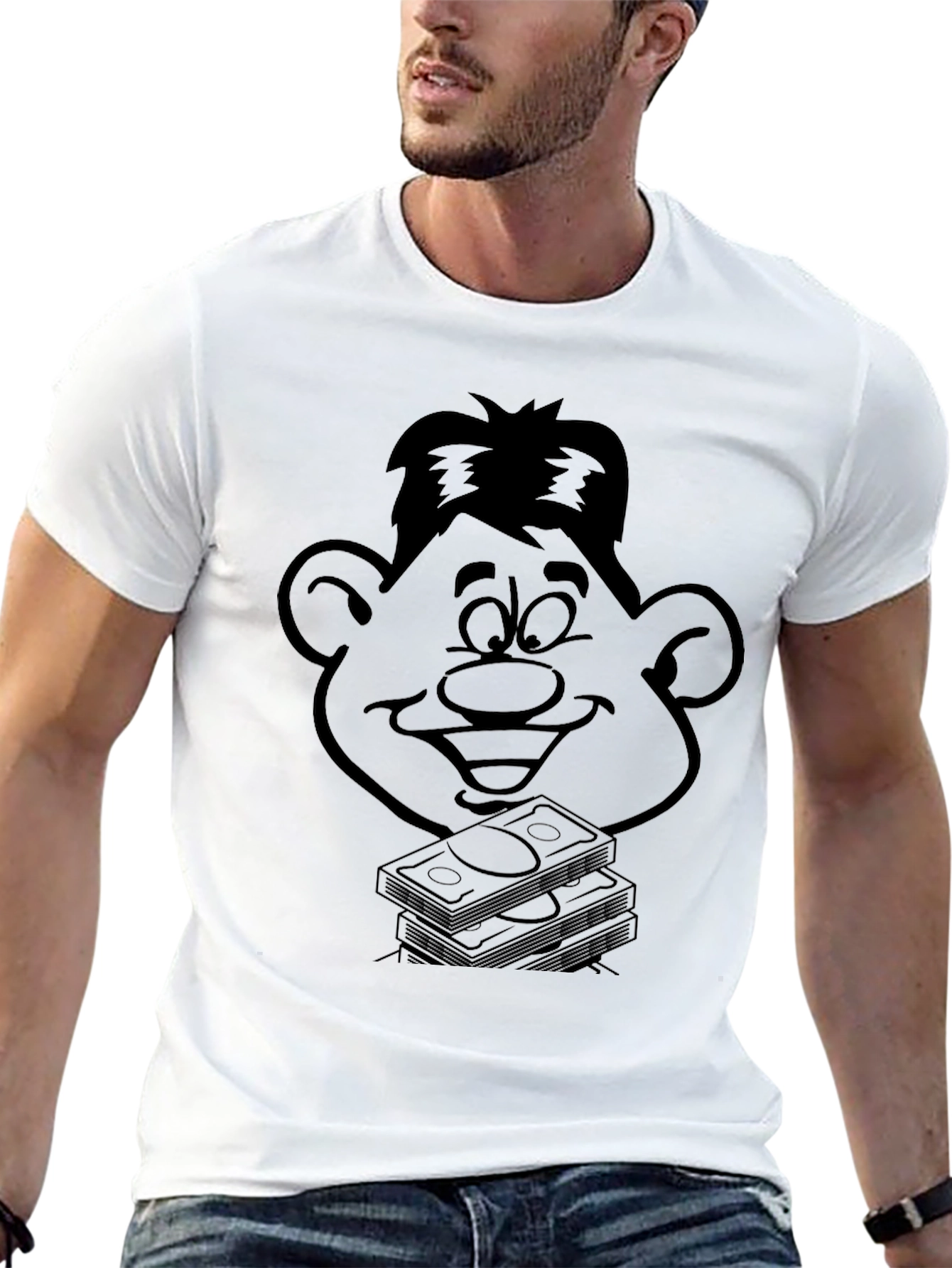 Cartoon Face & Money Stack Black T-Shirt