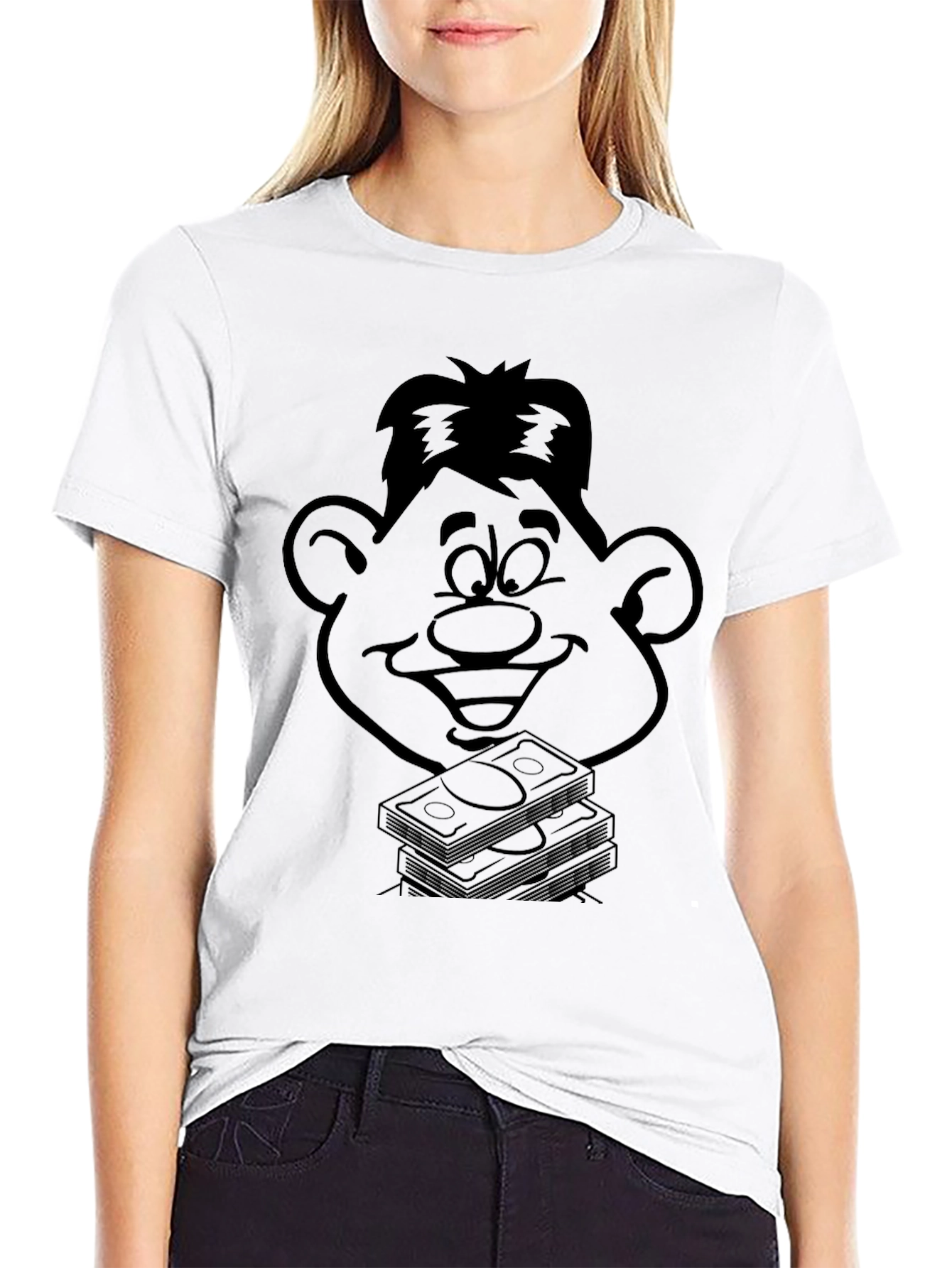 Cartoon Face & Money Stack Black T-Shirt