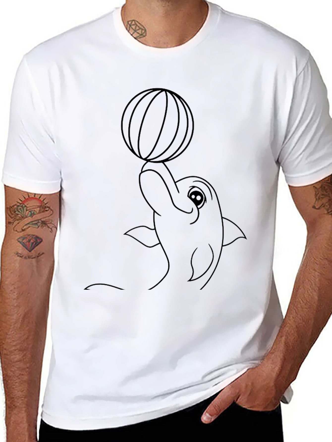 Dolphin with Ball Graphic Tee - Casual Black T-Shirt