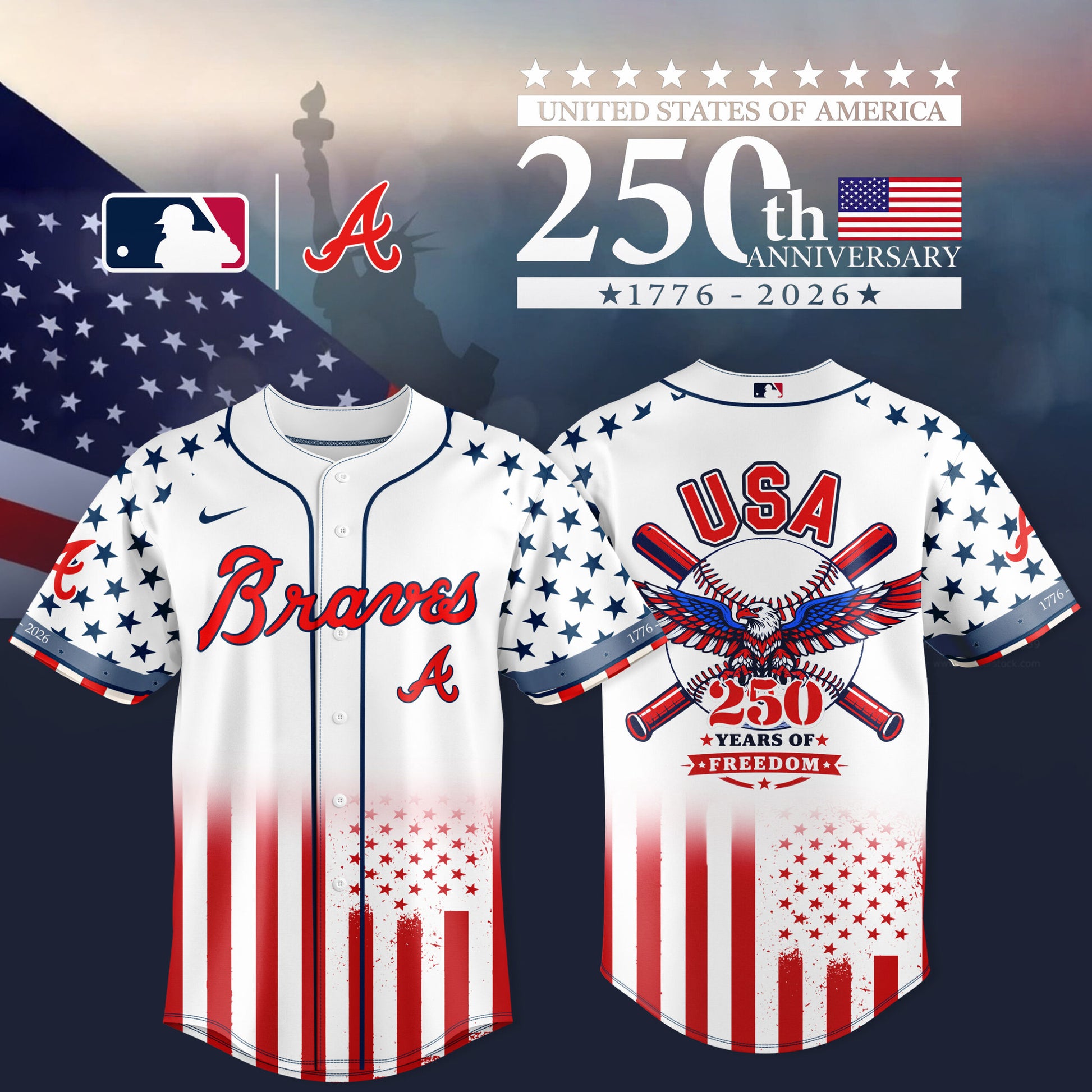 Atlanta Braves 250th Anniversary of the United States Limited Shirt 3D Baseball Jersey - White