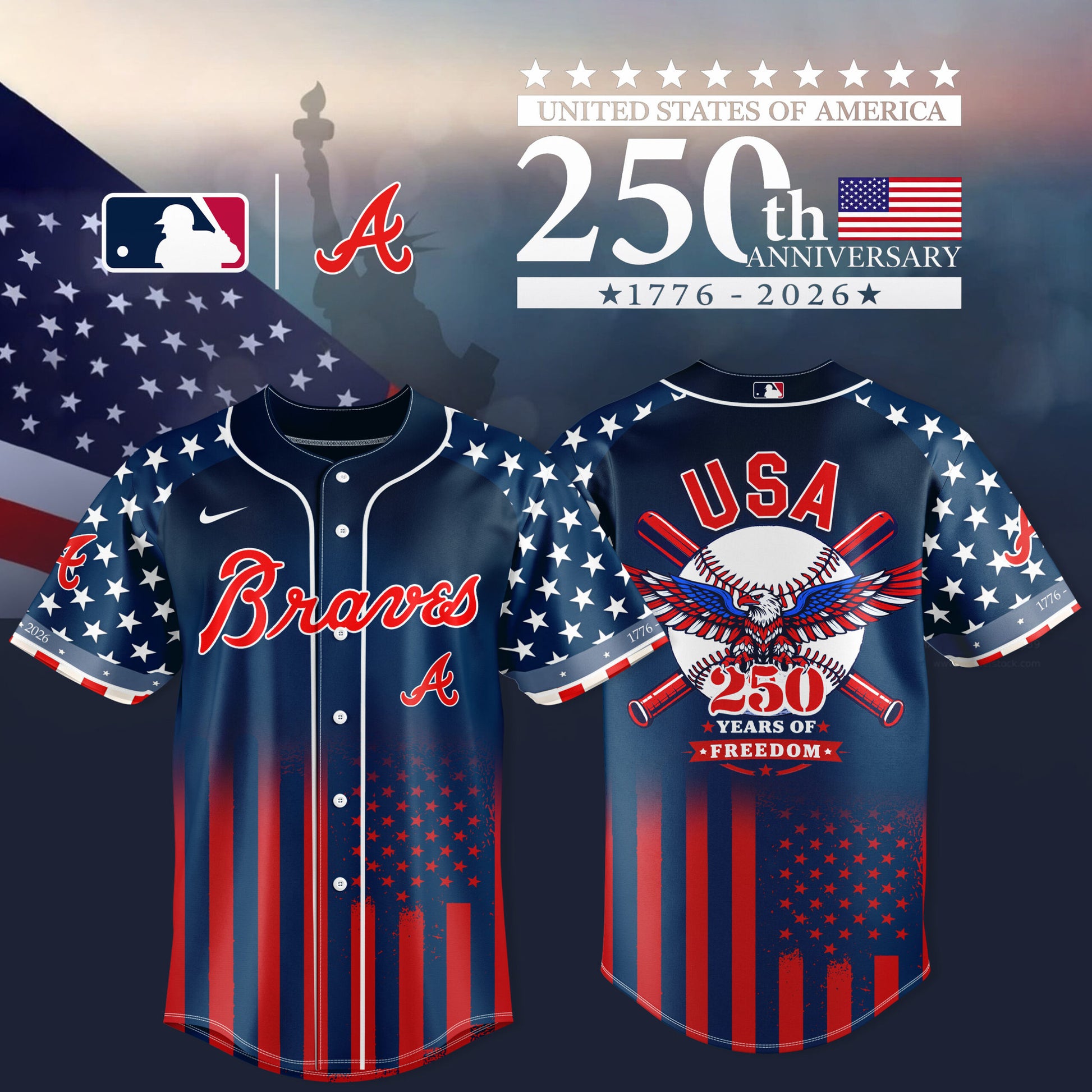Atlanta Braves 250th Anniversary of the United States Limited Shirt 3D Baseball Jersey - Navy