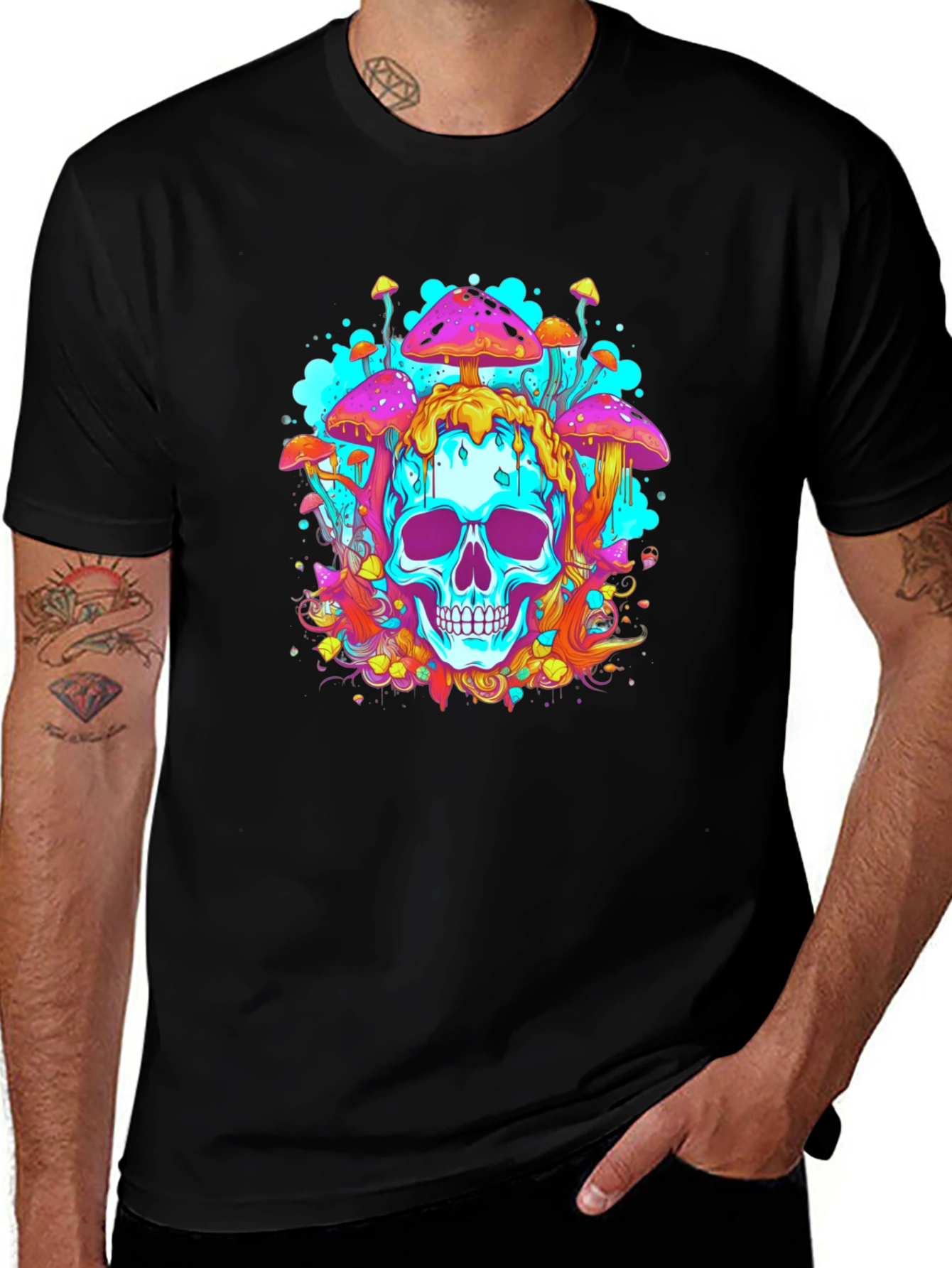 Trippy Skull Mushroom Graphic Tee - Bold Black Cotton