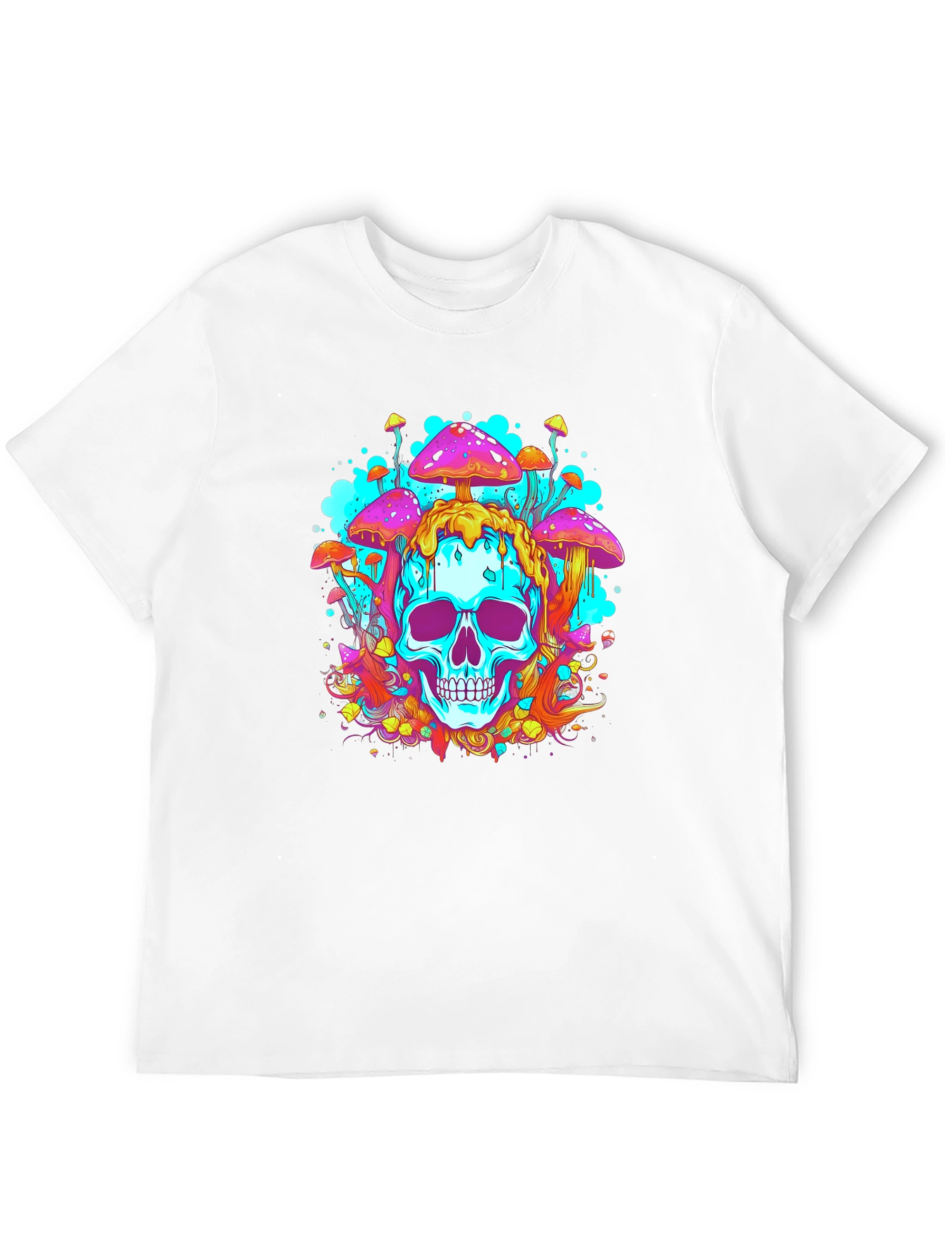 Trippy Skull Mushroom Graphic Tee - Bold Black Cotton