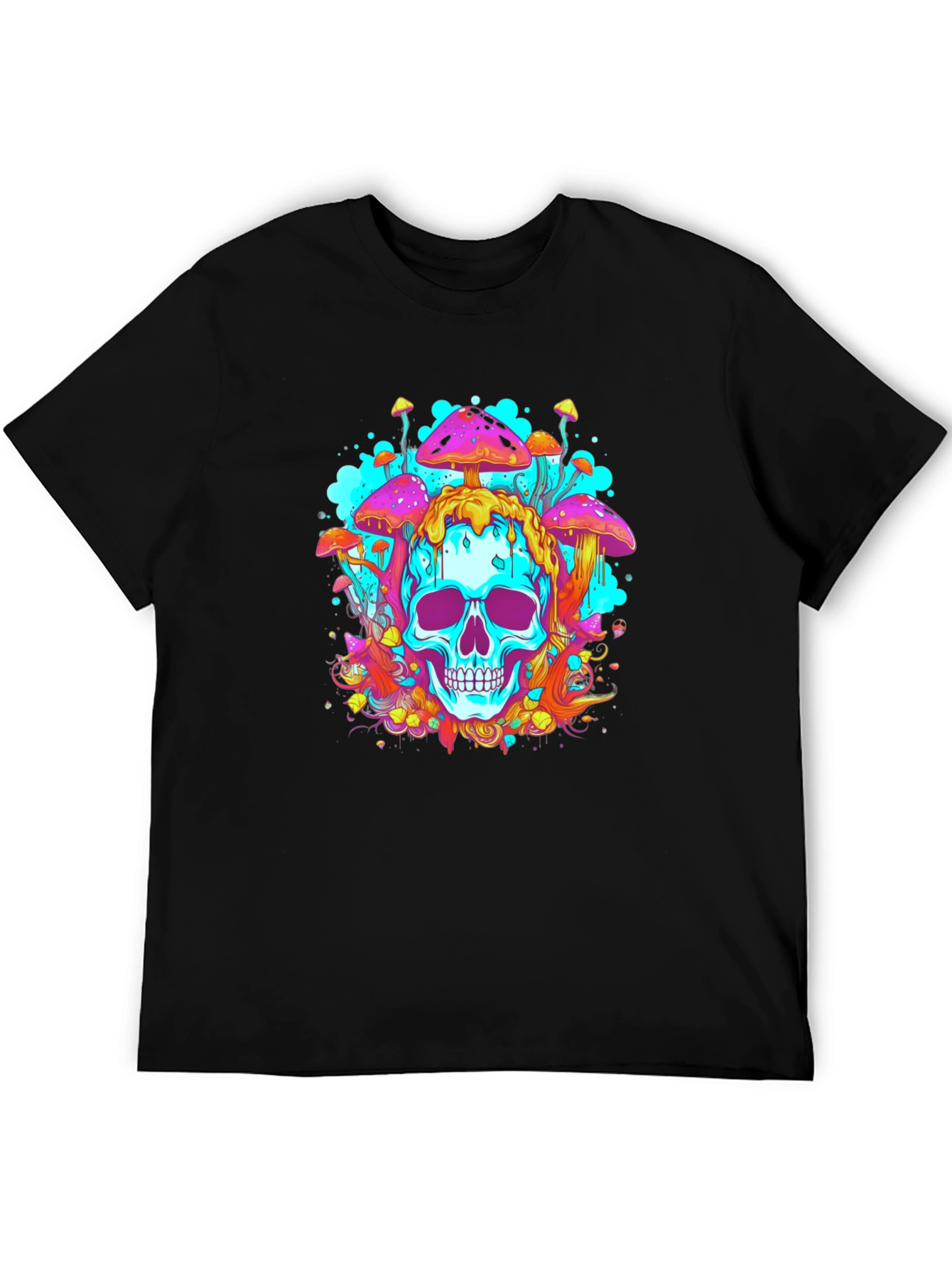 Trippy Skull Mushroom Graphic Tee - Bold Black Cotton
