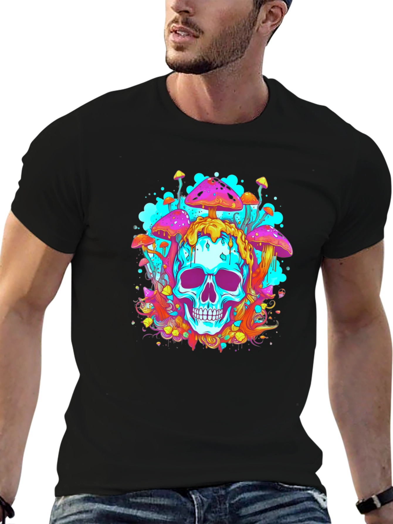 Trippy Skull Mushroom Graphic Tee - Bold Black Cotton