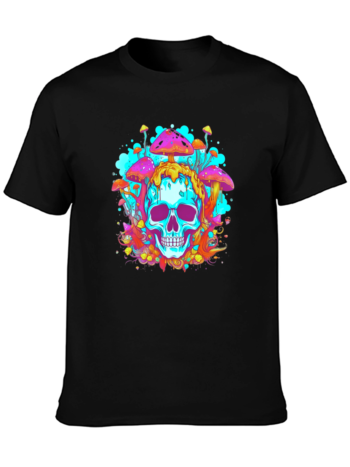 Trippy Skull Mushroom Graphic Tee - Bold Black Cotton