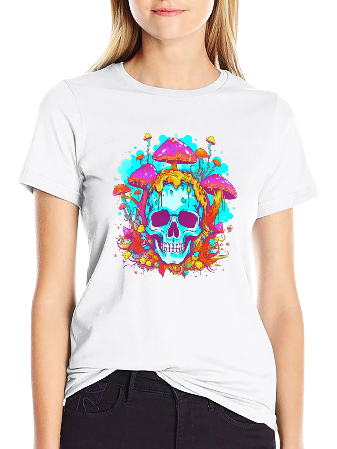 Trippy Skull Mushroom Graphic Tee - Bold Black Cotton