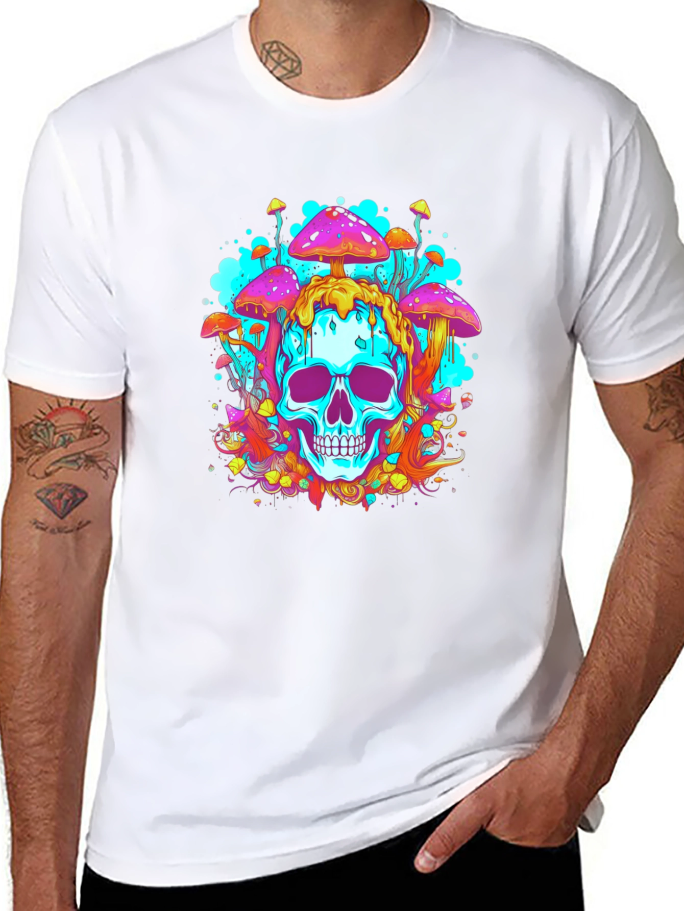 Trippy Skull Mushroom Graphic Tee - Bold Black Cotton