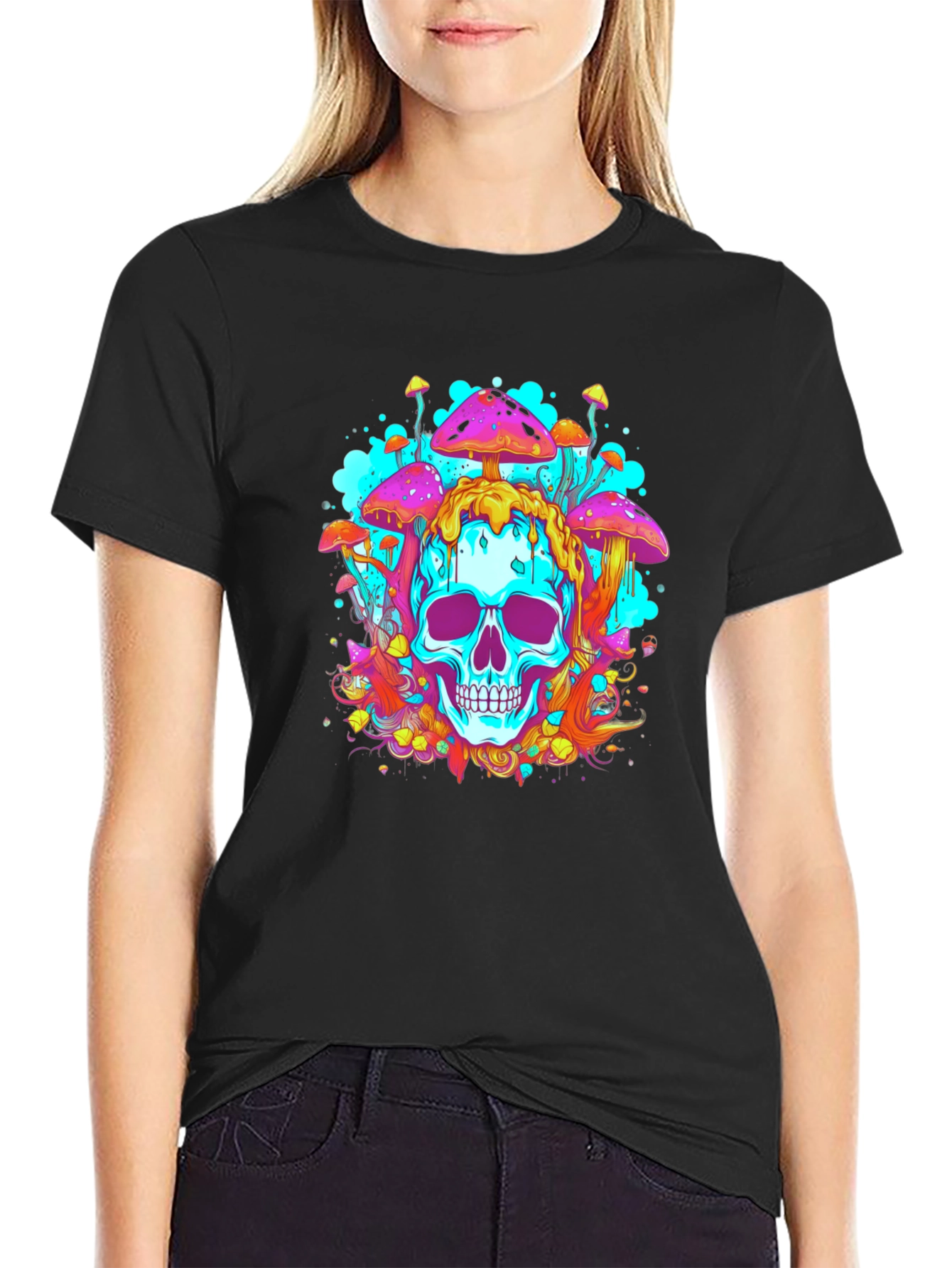 Trippy Skull Mushroom Graphic Tee - Bold Black Cotton