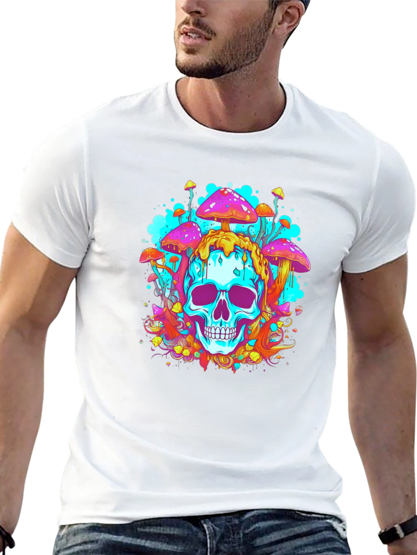 Trippy Skull Mushroom Graphic Tee - Bold Black Cotton
