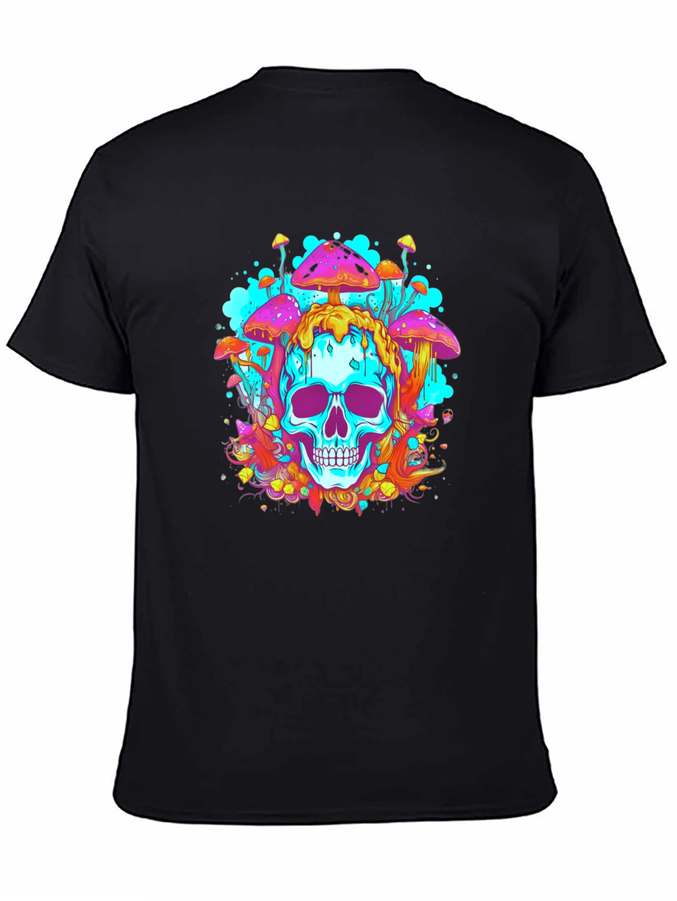 Trippy Skull Mushroom Graphic Tee - Bold Black Cotton