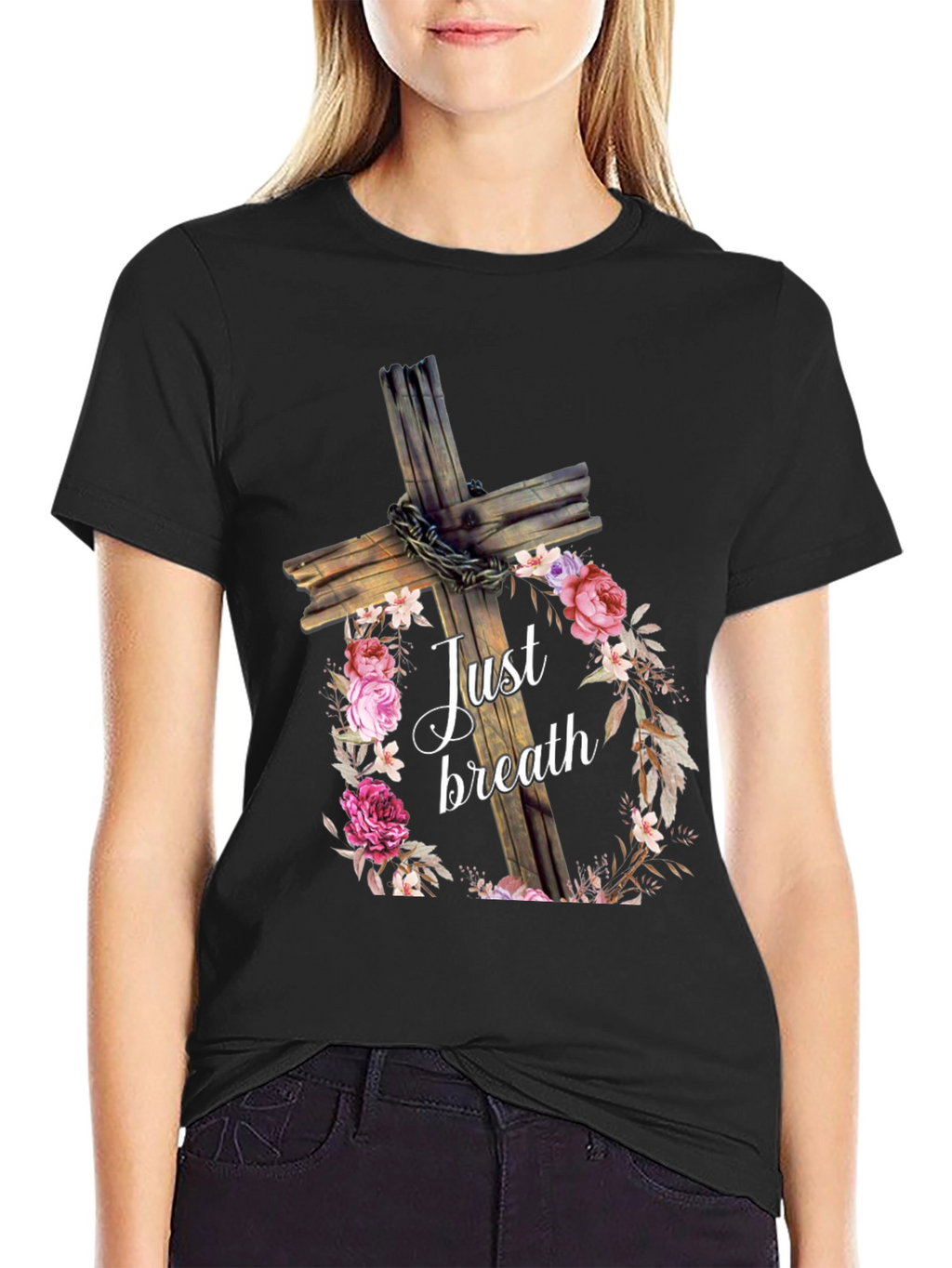 Just Breath Floral Cross Graphic Tee