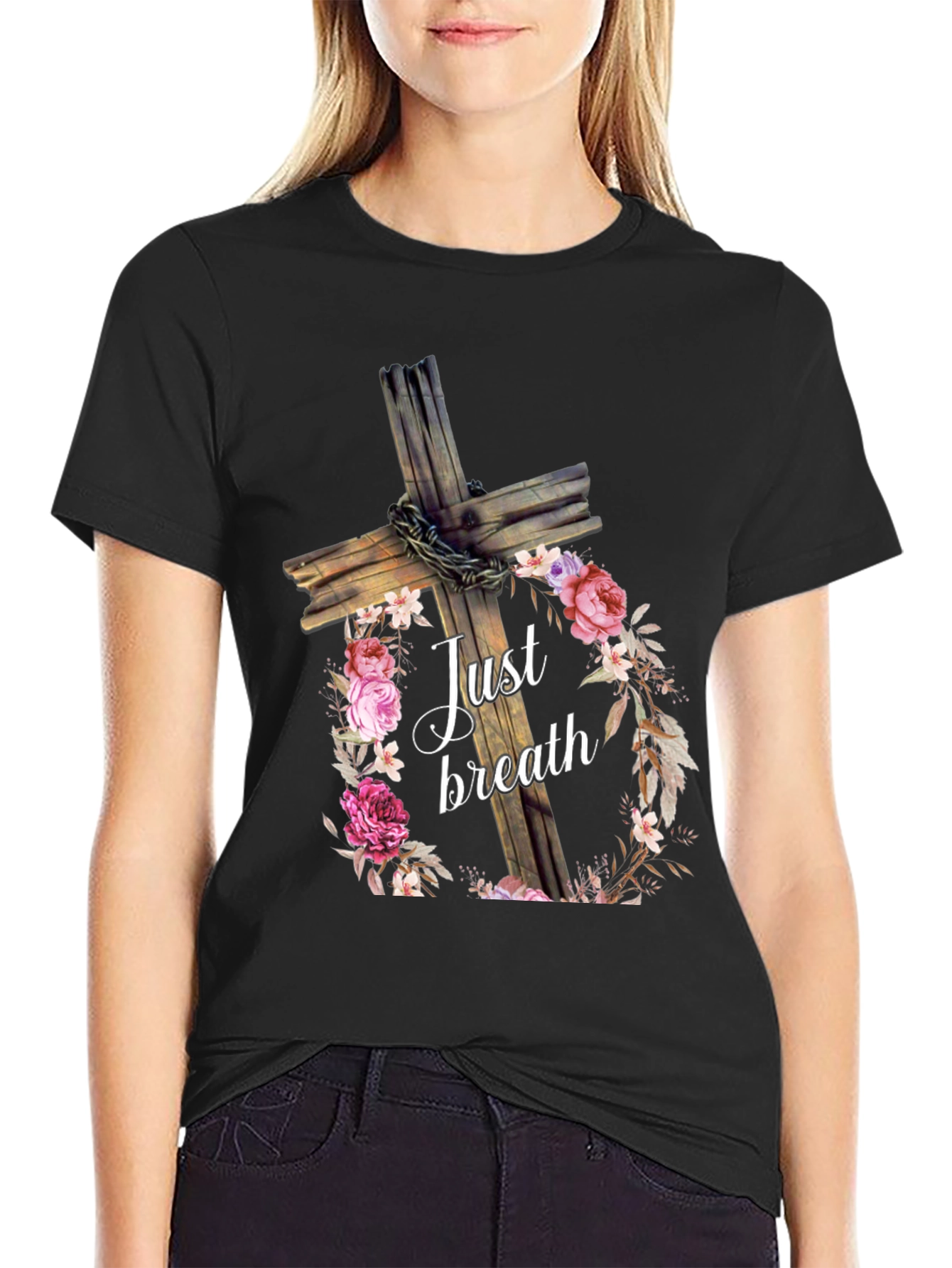 Just Breath Floral Cross Graphic Tee