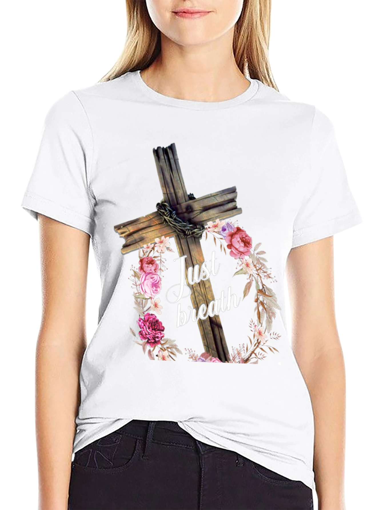 Just Breath Floral Cross Graphic Tee
