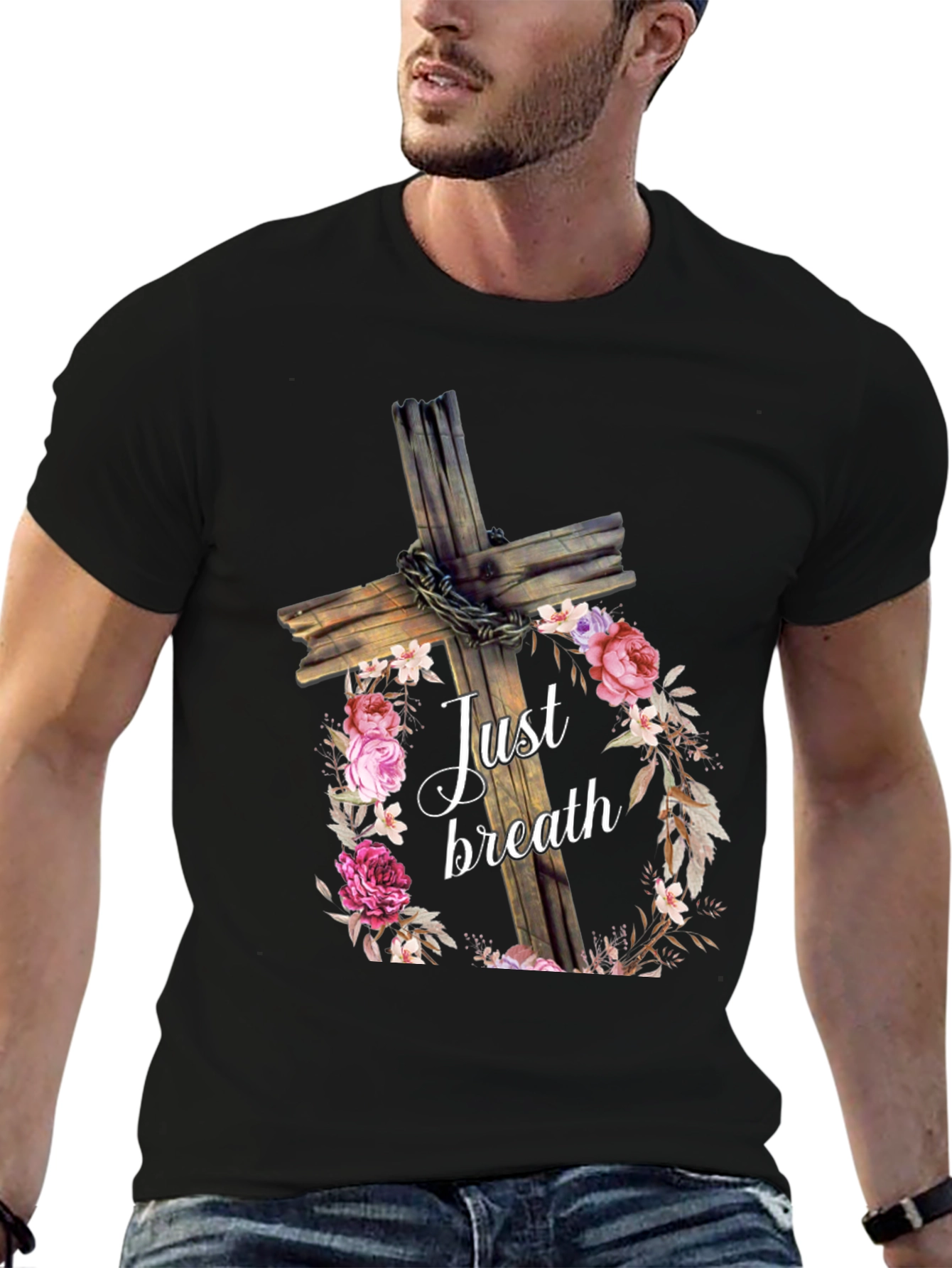 Just Breath Floral Cross Graphic Tee