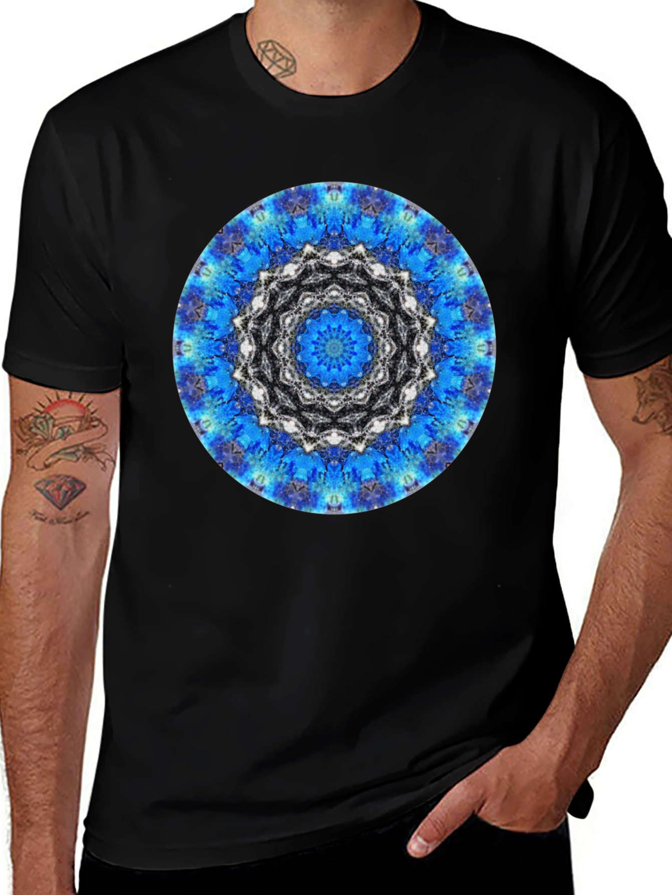 Blue Mandala Graphic Print Mens Black T-Shirt
