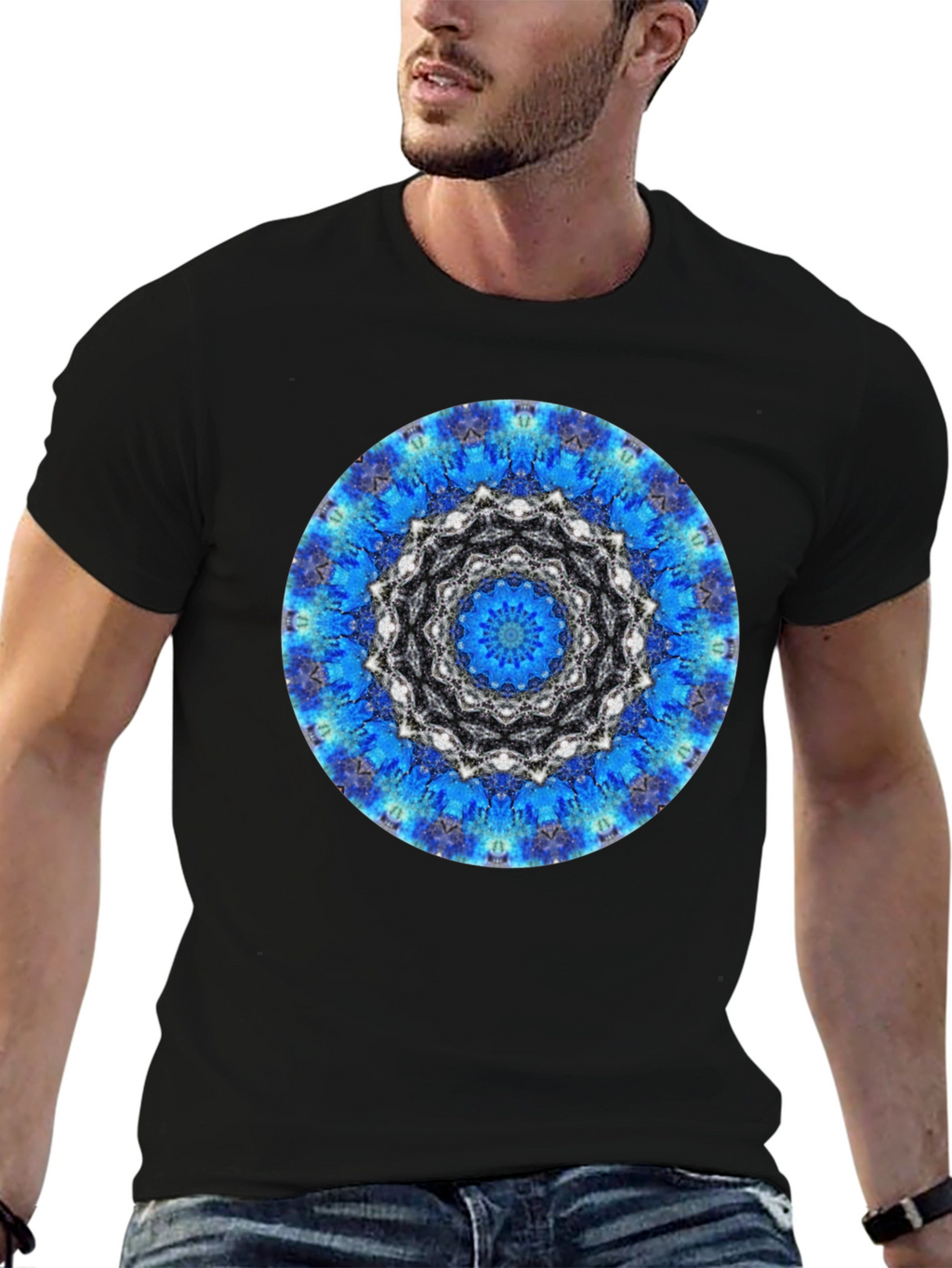 Blue Mandala Graphic Print Mens Black T-Shirt
