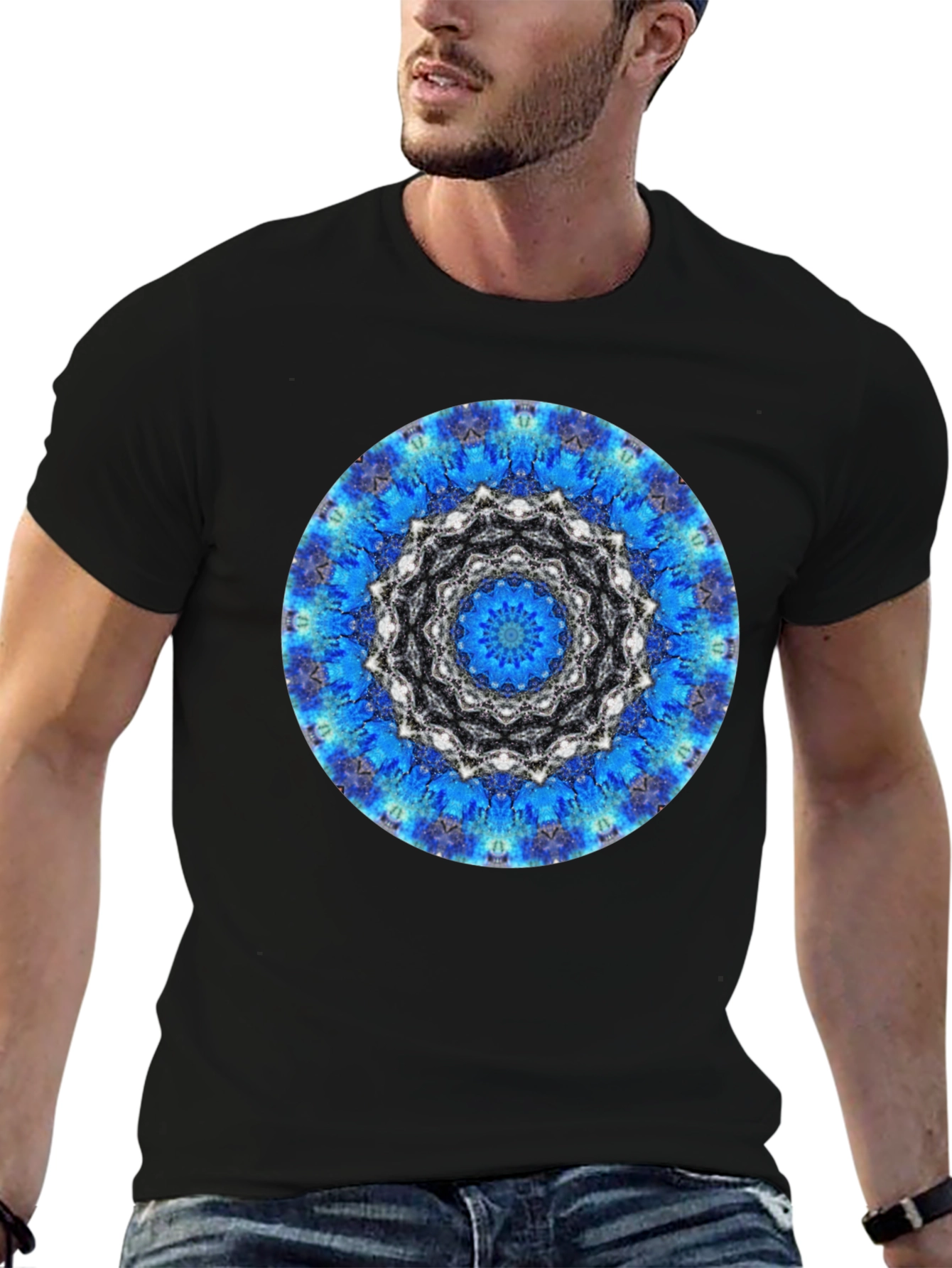 Blue Mandala Graphic Print Mens Black T-Shirt