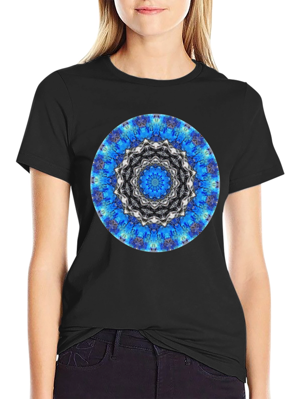 Blue Mandala Graphic Print Mens Black T-Shirt
